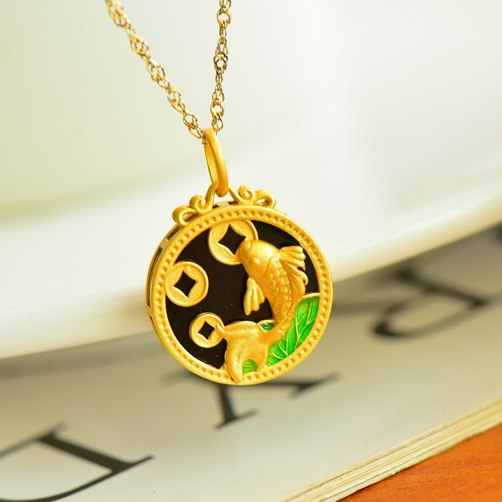 An Exquisite Sterling Silver-Gold Plated Inlaid Black Jade Pendant - 3