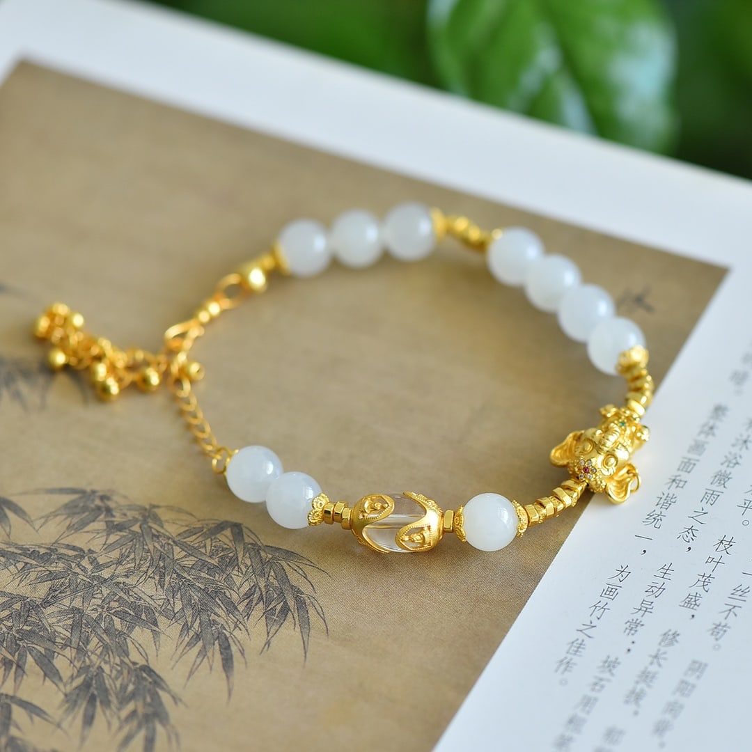 An Exquisite Sterling Silver-Gold Plated White Jade Bracelets - 3