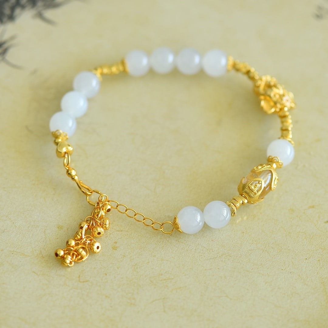 An Exquisite Sterling Silver-Gold Plated White Jade Bracelets - 5