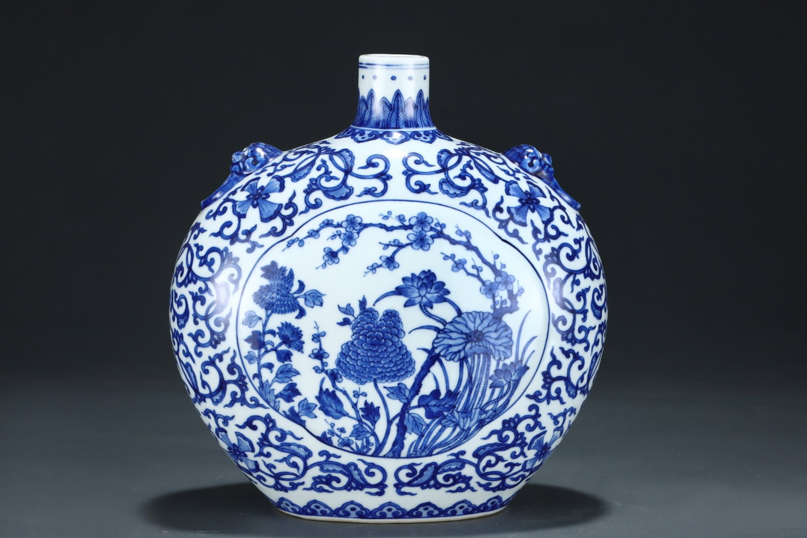 An Exquisite Blue and White Flower Pattern Beast-Ears Vase,With Vertical Scroll Painting on Silk - 3