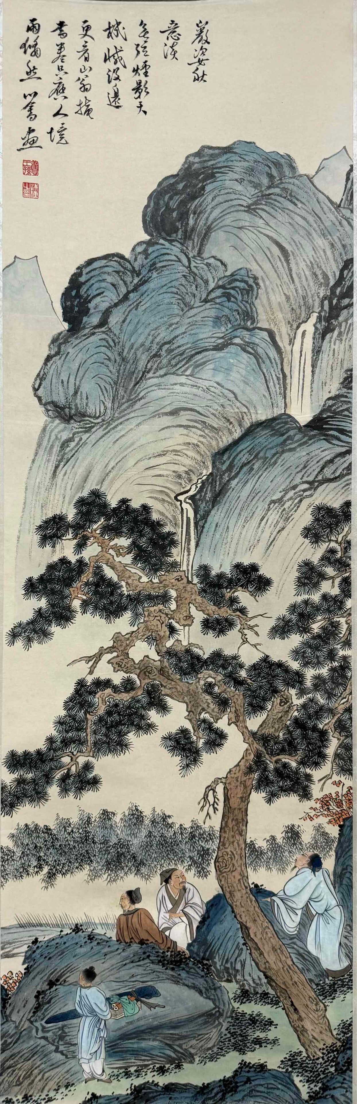 A Chinese Vertical Scroll Ink Painting of Landscape and Figure on Paper,Fu Ru - 2