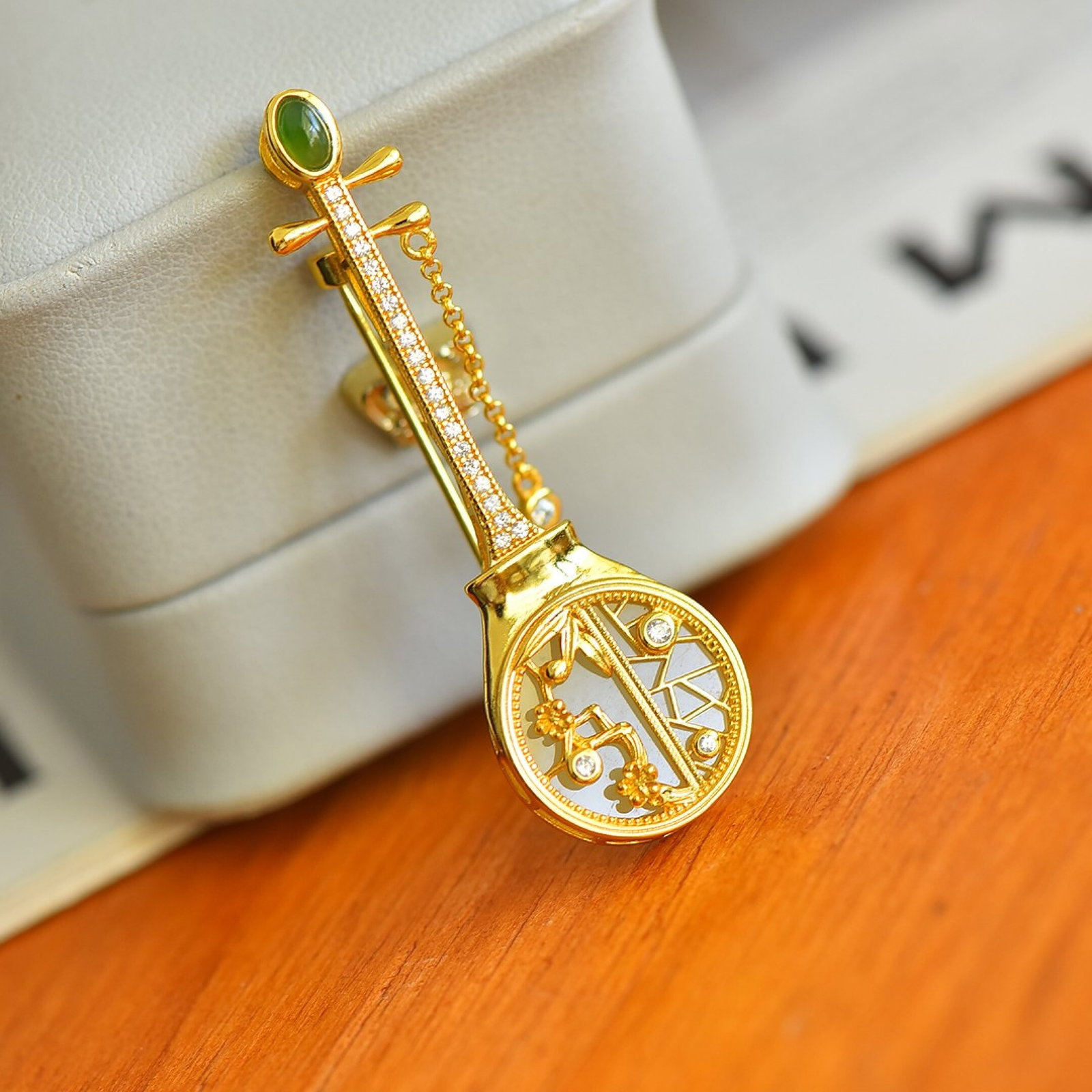 An Exquisite Sterling Silver-Gold Plated Inlaid White Jade Brooch,Inlaid Diamonds and Jasper - 2