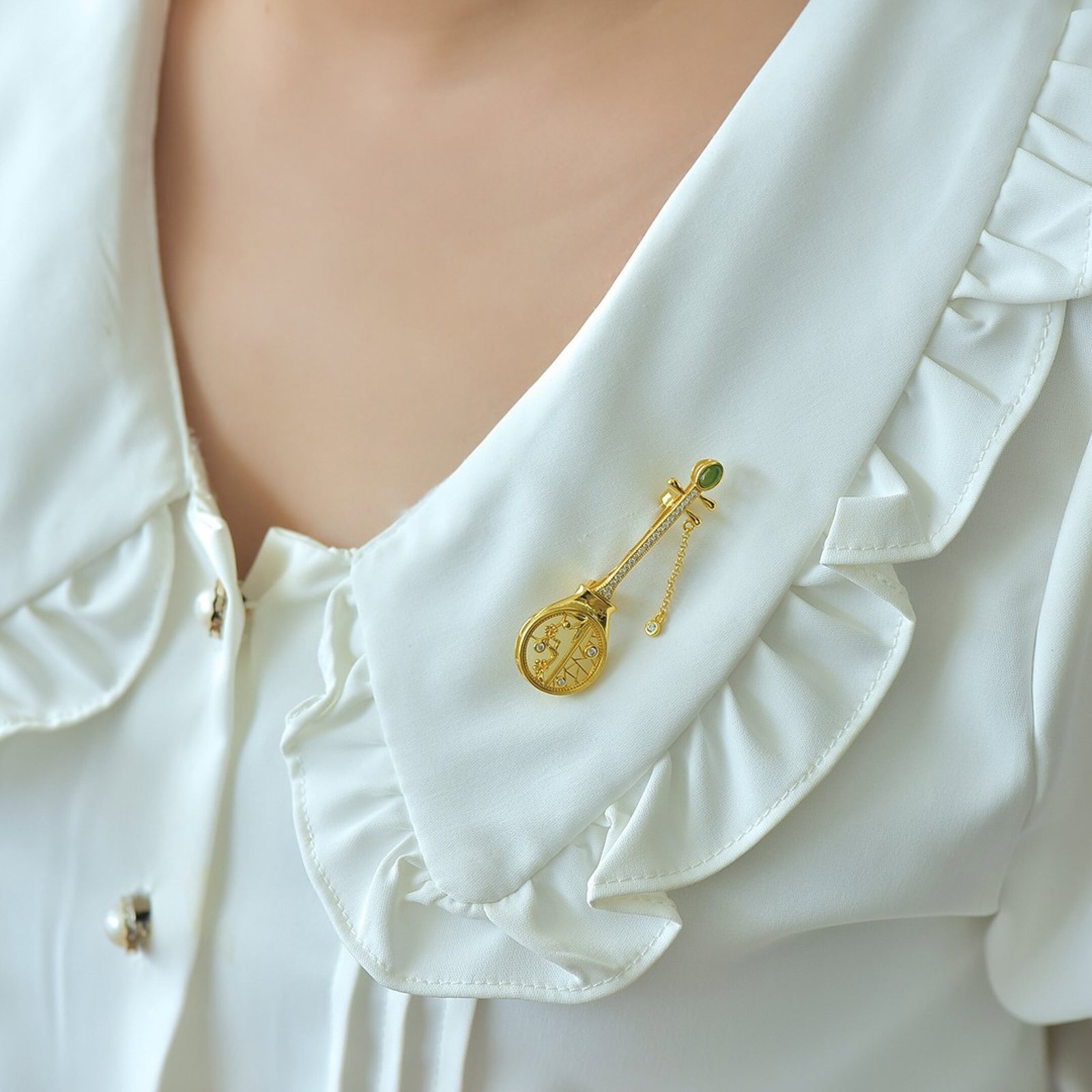 An Exquisite Sterling Silver-Gold Plated Inlaid White Jade Brooch,Inlaid Diamonds and Jasper - 3