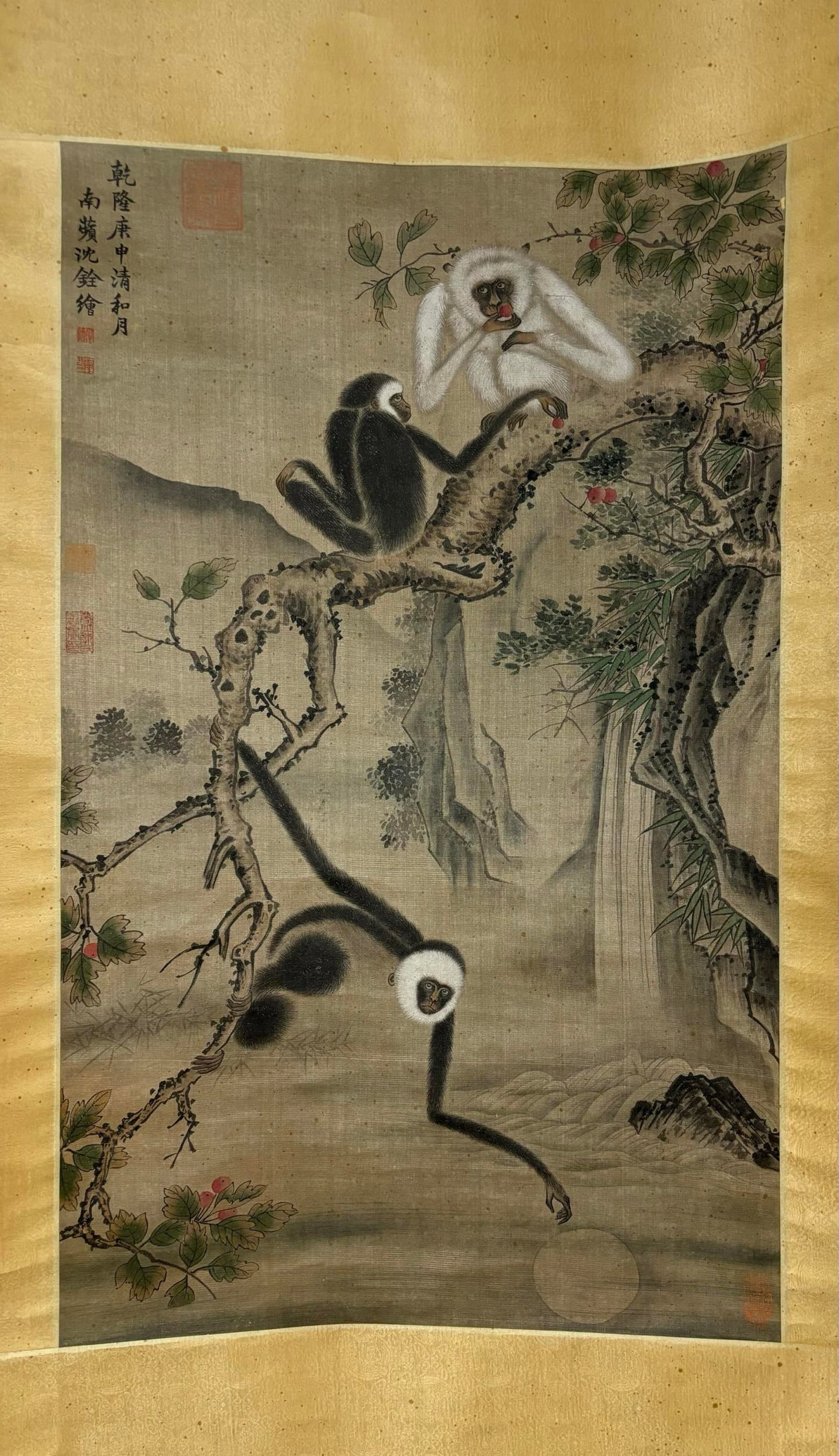 A Chinese Vertical Scroll Ink Painting of Monkey on Silk,Shen Quan - 2