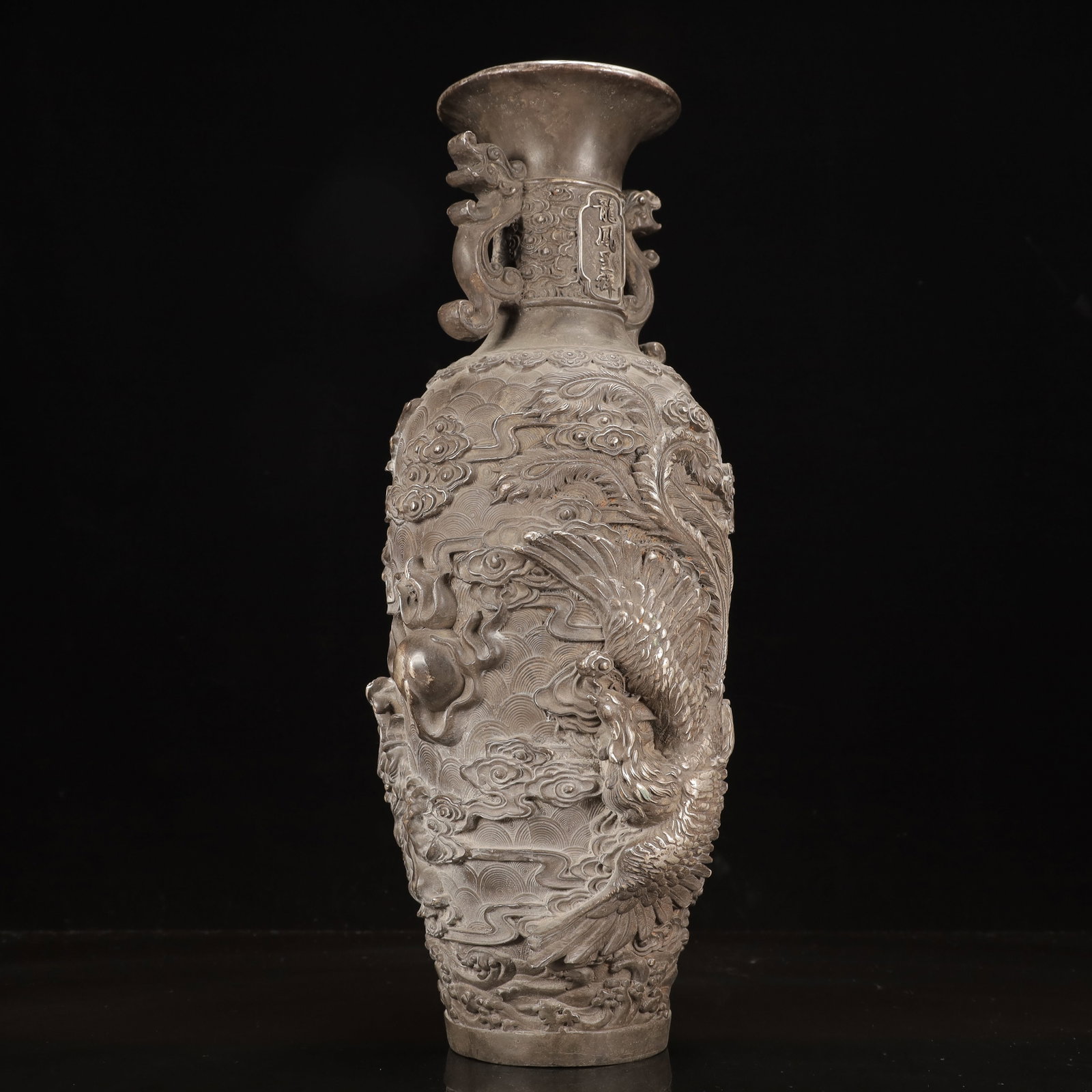 A Pair of Huge Silver-Plated Bronze Dragon and Phoenix Pattern Double-Ears Vases - 11