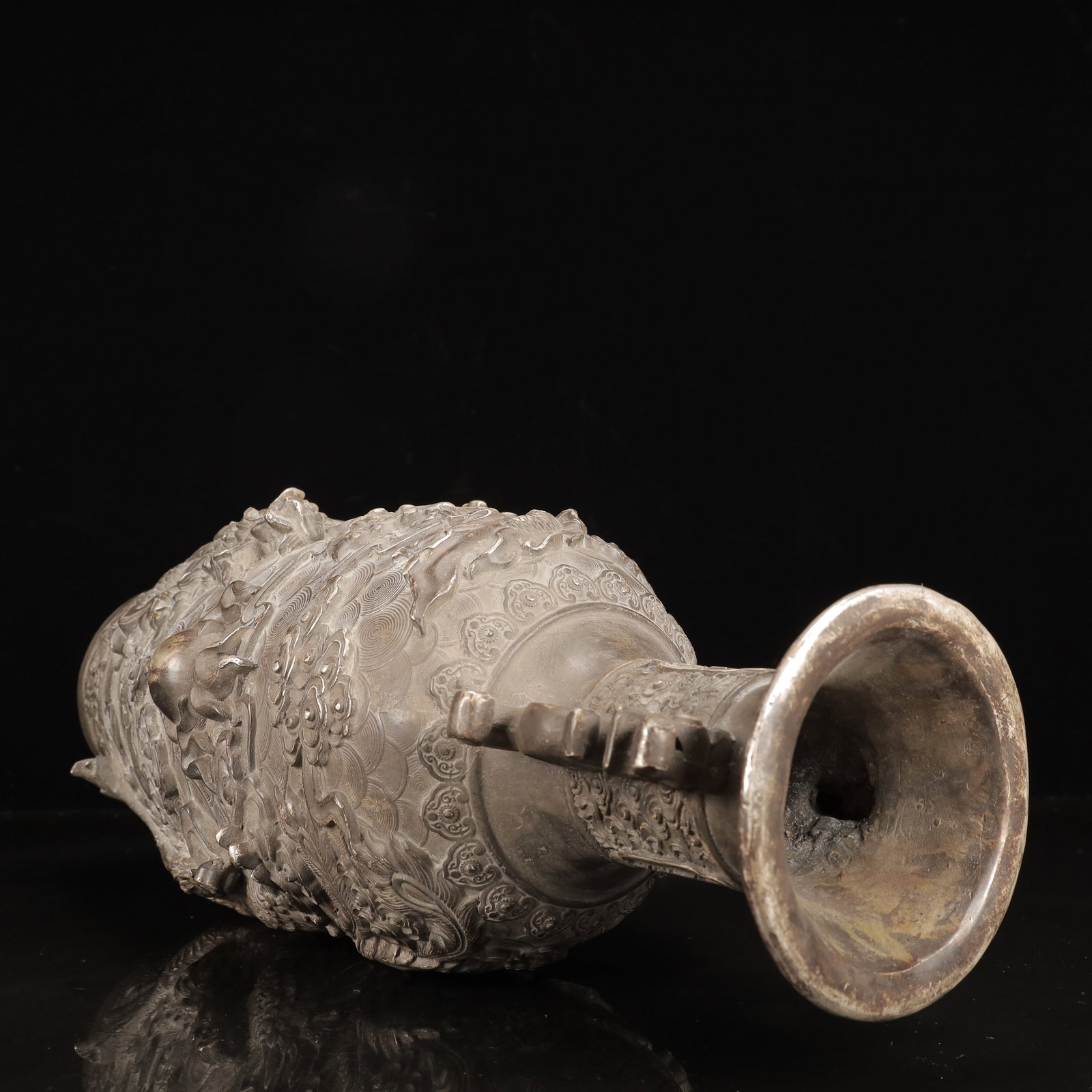 A Pair of Huge Silver-Plated Bronze Dragon and Phoenix Pattern Double-Ears Vases - 12