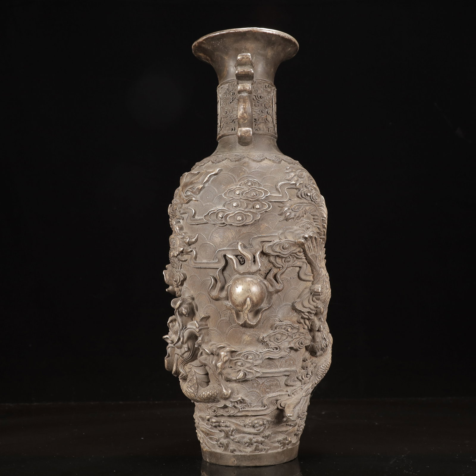 A Pair of Huge Silver-Plated Bronze Dragon and Phoenix Pattern Double-Ears Vases - 17