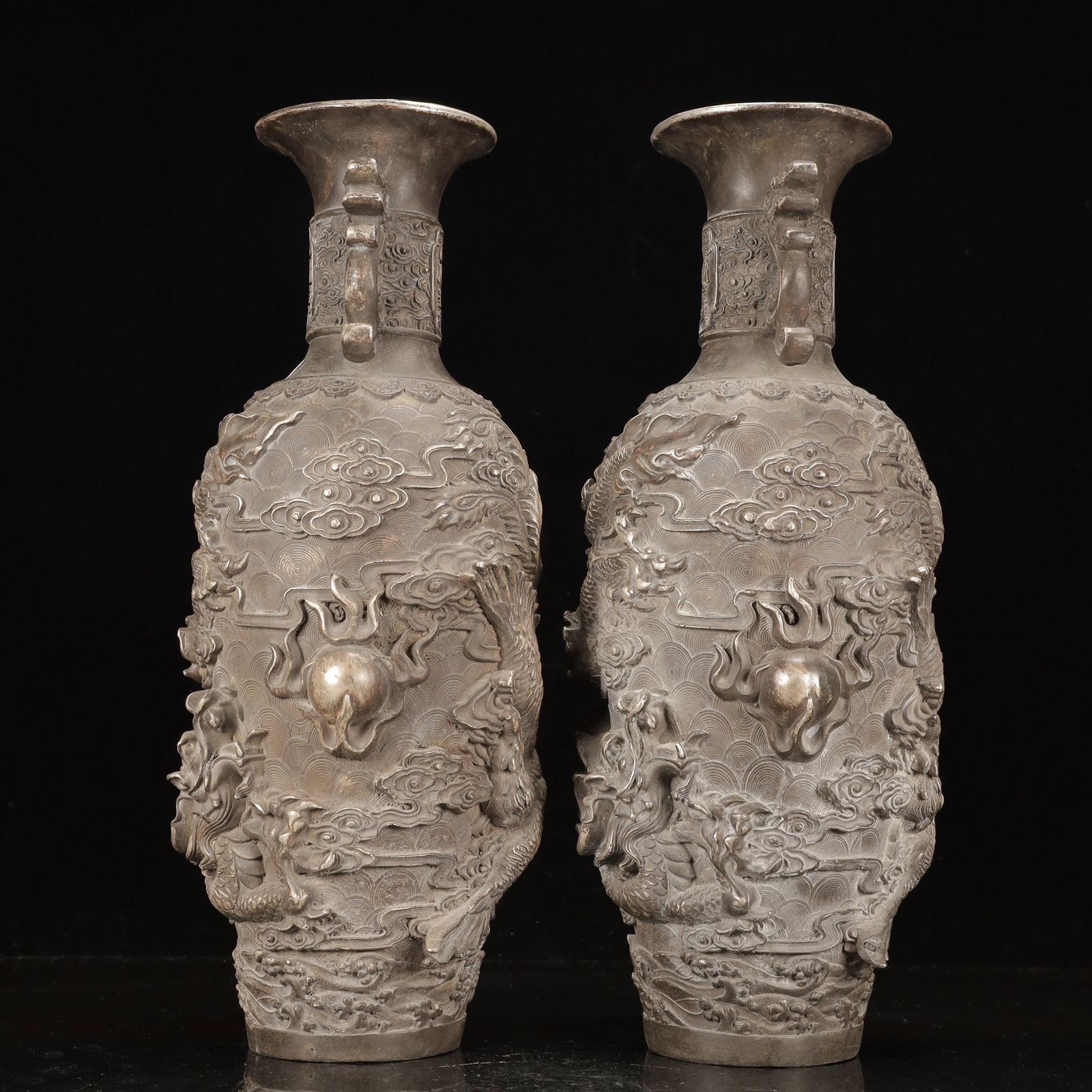 A Pair of Huge Silver-Plated Bronze Dragon and Phoenix Pattern Double-Ears Vases - 2