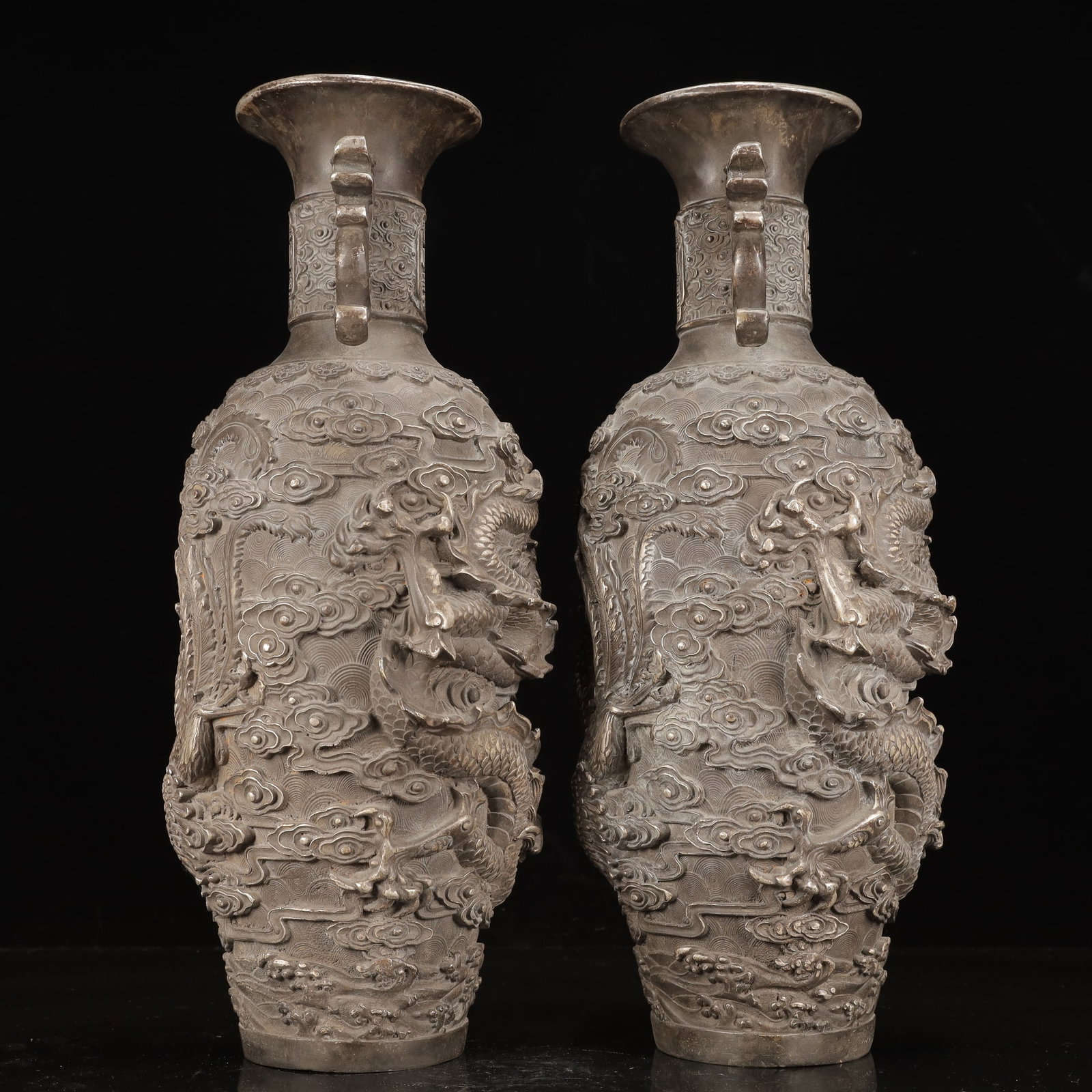 A Pair of Huge Silver-Plated Bronze Dragon and Phoenix Pattern Double-Ears Vases - 4