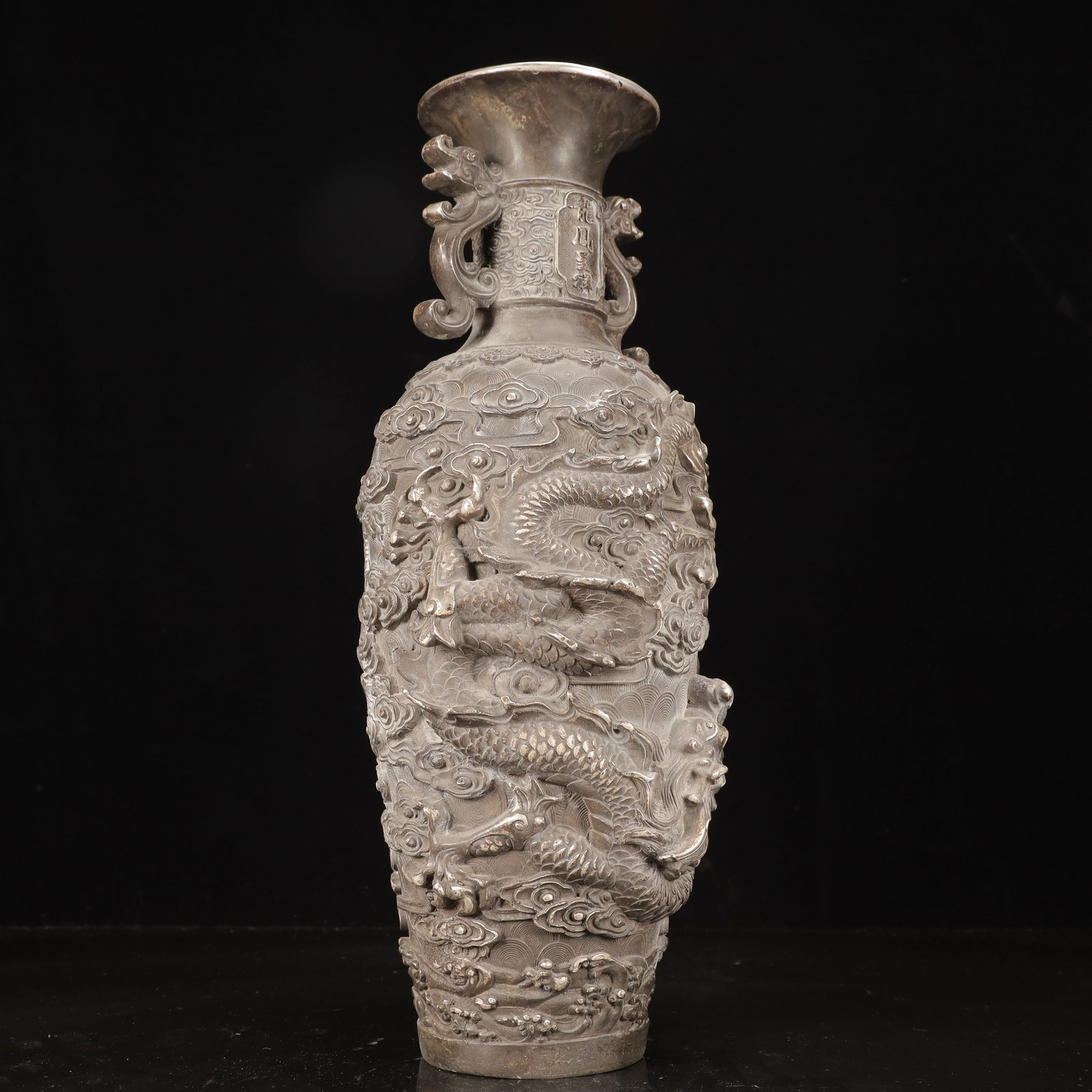 A Pair of Huge Silver-Plated Bronze Dragon and Phoenix Pattern Double-Ears Vases - 8