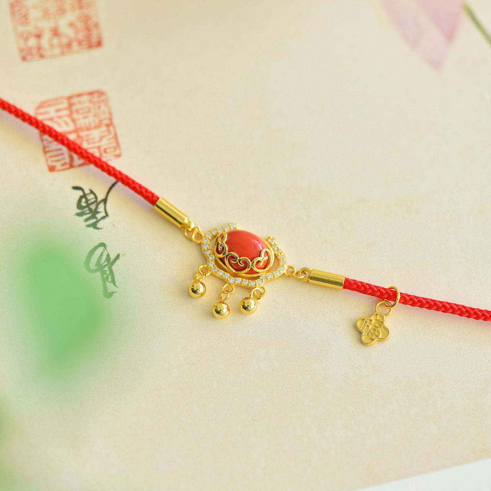 An Exquisite Sterling Silver-Gold Plated Inlaid Cinnabar Bracelets,Inlaid Diamond - 2