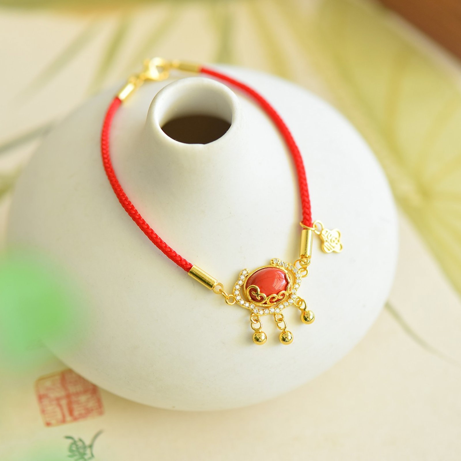 An Exquisite Sterling Silver-Gold Plated Inlaid Cinnabar Bracelets,Inlaid Diamond - 3