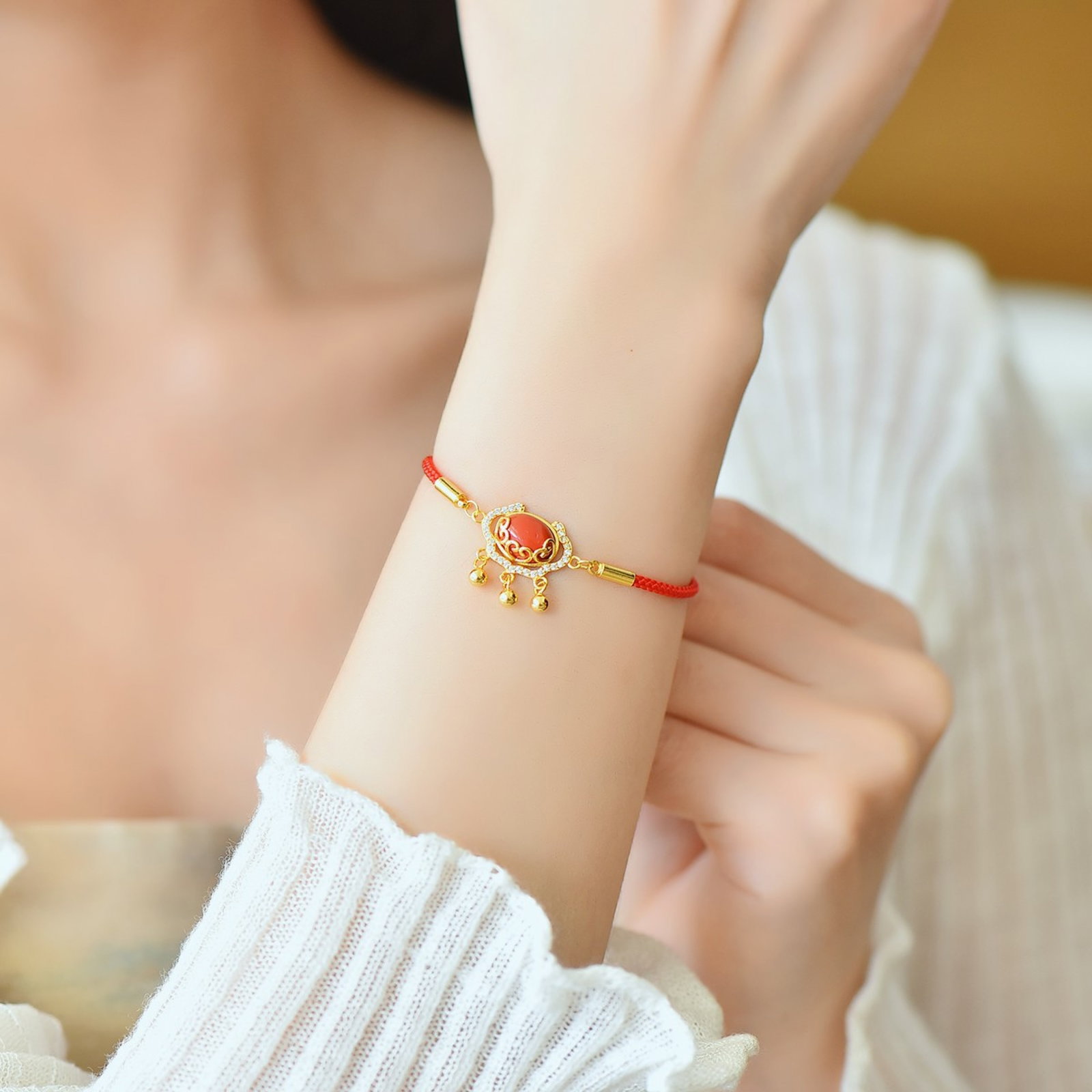 An Exquisite Sterling Silver-Gold Plated Inlaid Cinnabar Bracelets,Inlaid Diamond - 6