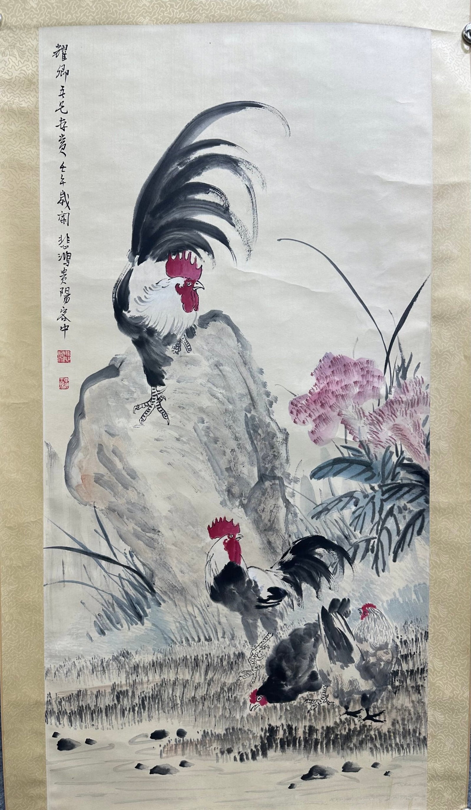 A Chinese Vertical Scroll Ink Painting of Flower and Rooster on Paper,Xu Beihong - 2