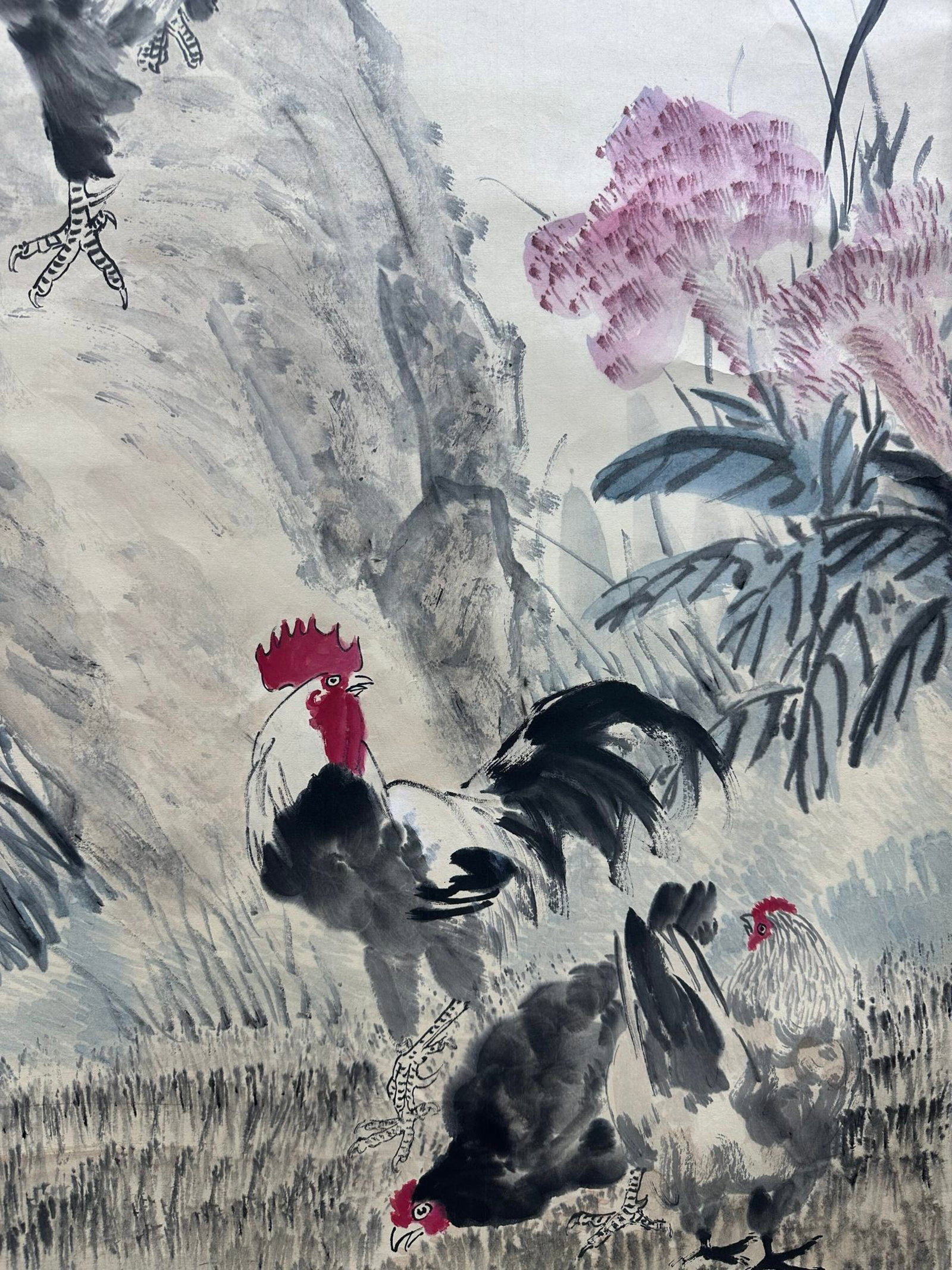 A Chinese Vertical Scroll Ink Painting of Flower and Rooster on Paper,Xu Beihong - 6