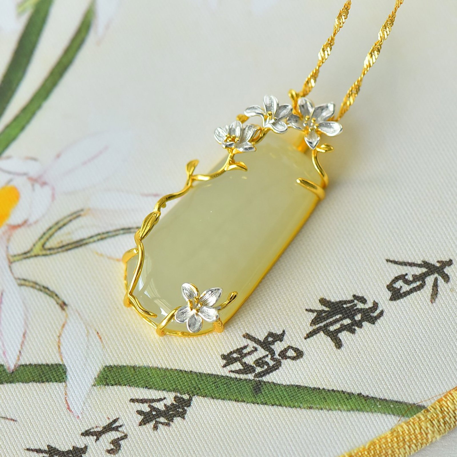An Exquisite Sterling Silver-Gold Plated Inlaid White Jade Pendant - 3