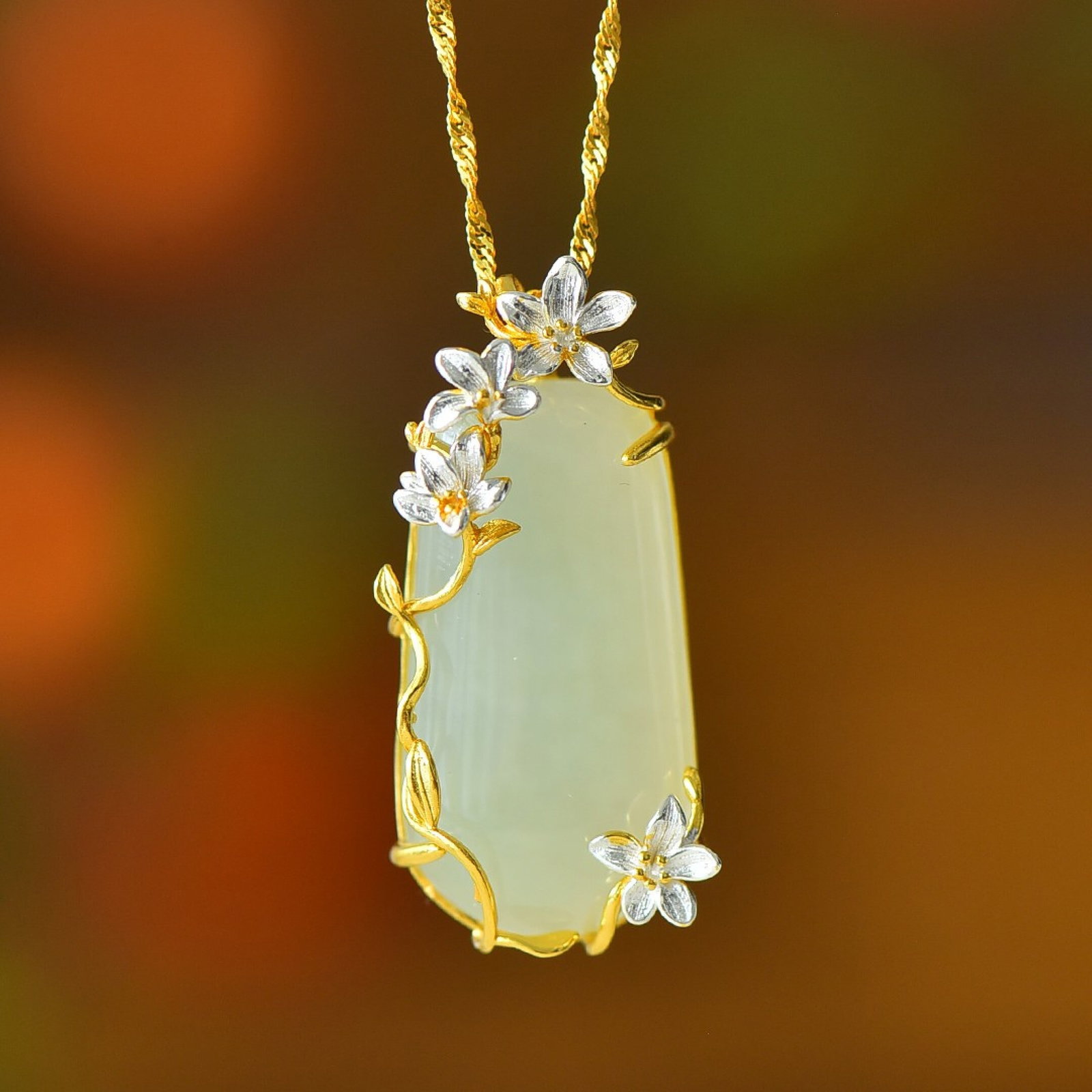 An Exquisite Sterling Silver-Gold Plated Inlaid White Jade Pendant - 4