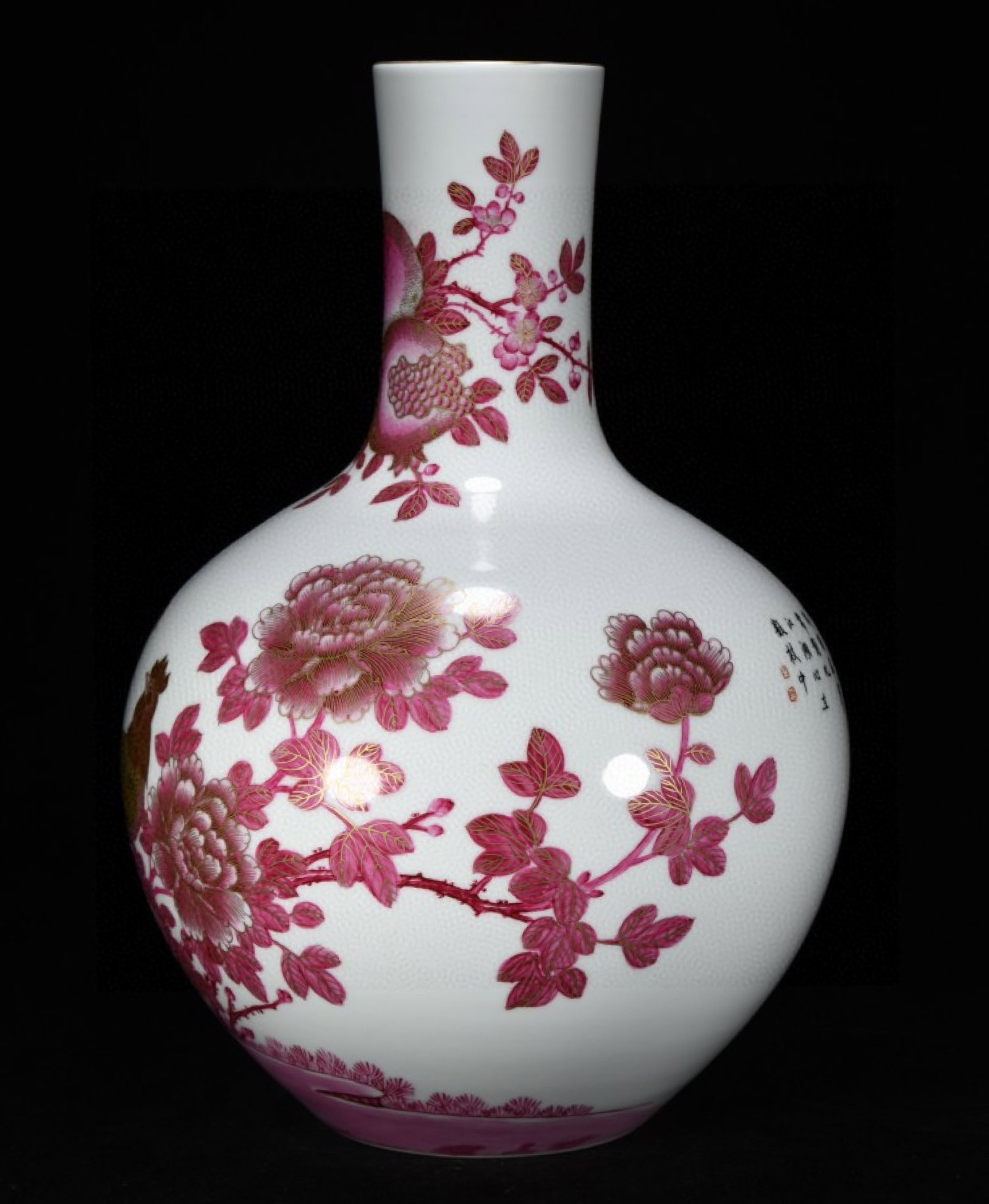 A Huge Ruby Red-Glazed Painted Gold Flower and Rooster Pattern Vase,With Poem - 2