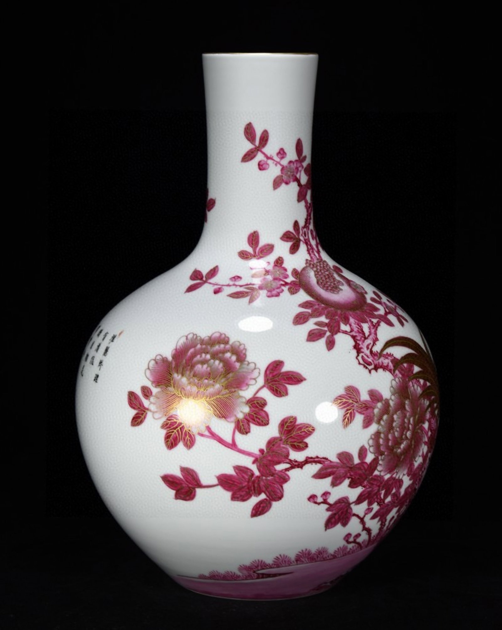 A Huge Ruby Red-Glazed Painted Gold Flower and Rooster Pattern Vase,With Poem - 4