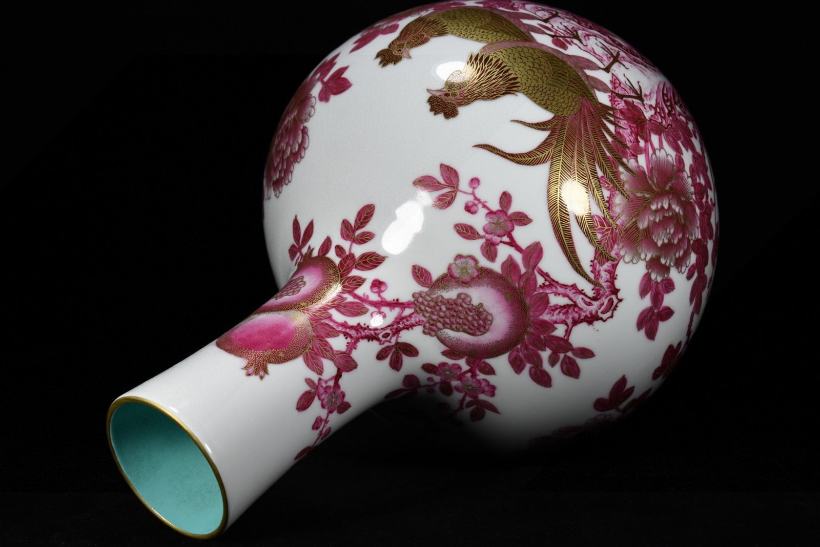A Huge Ruby Red-Glazed Painted Gold Flower and Rooster Pattern Vase,With Poem - 7
