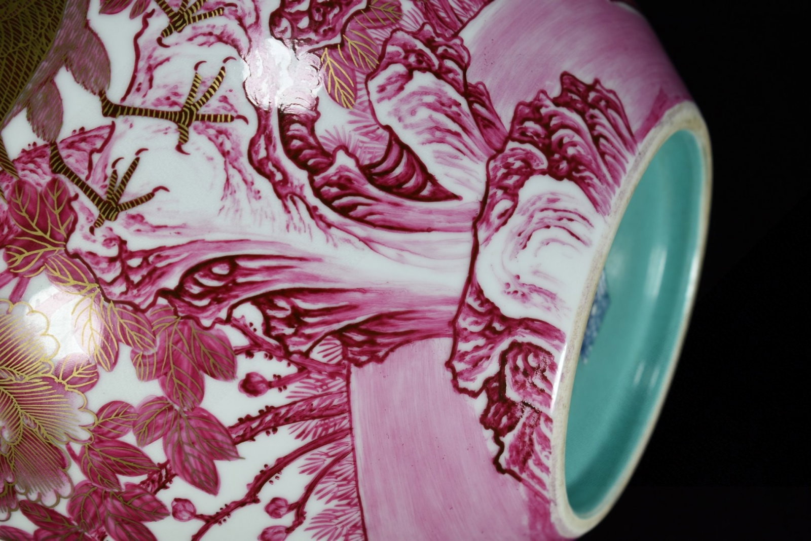 A Huge Ruby Red-Glazed Painted Gold Flower and Rooster Pattern Vase,With Poem - 8