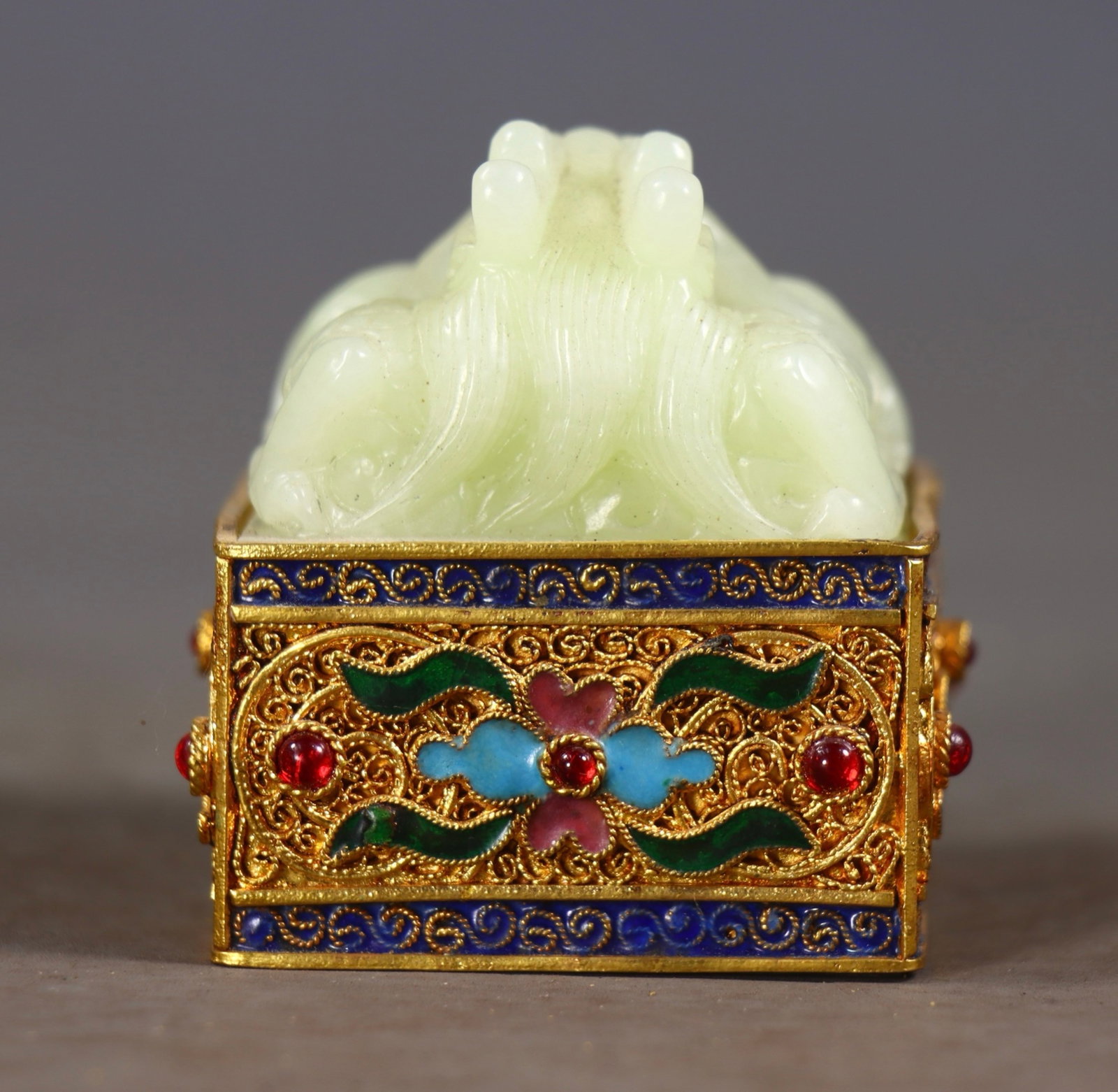 A Set of Fine White Jade Cover with Gold Dragon Pattern Ornaments,With Poem,Inlaid Gems - 4