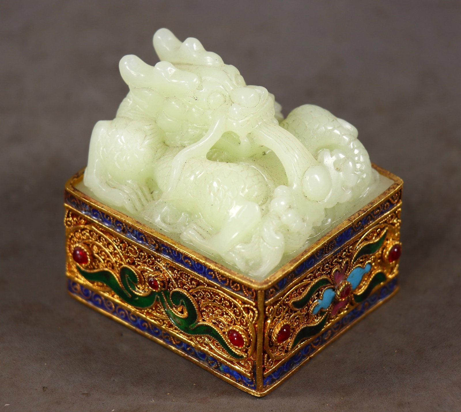 A Set of Fine White Jade Cover with Gold Dragon Pattern Ornaments,With Poem,Inlaid Gems - 6