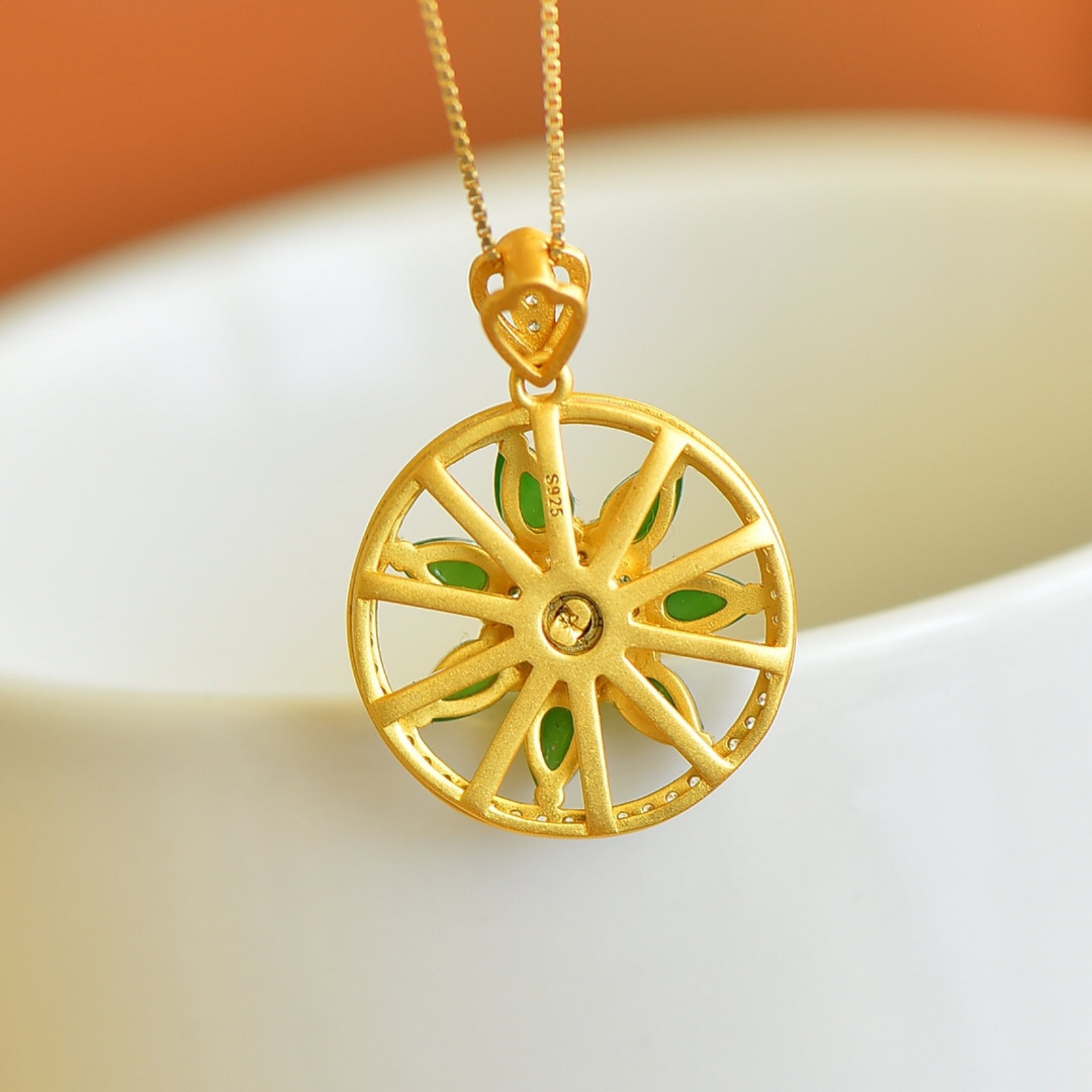 An Exquisite Sterling Silver-Gold Plated Inlaid Jasper Pendant , Inlaid Diamond - 2