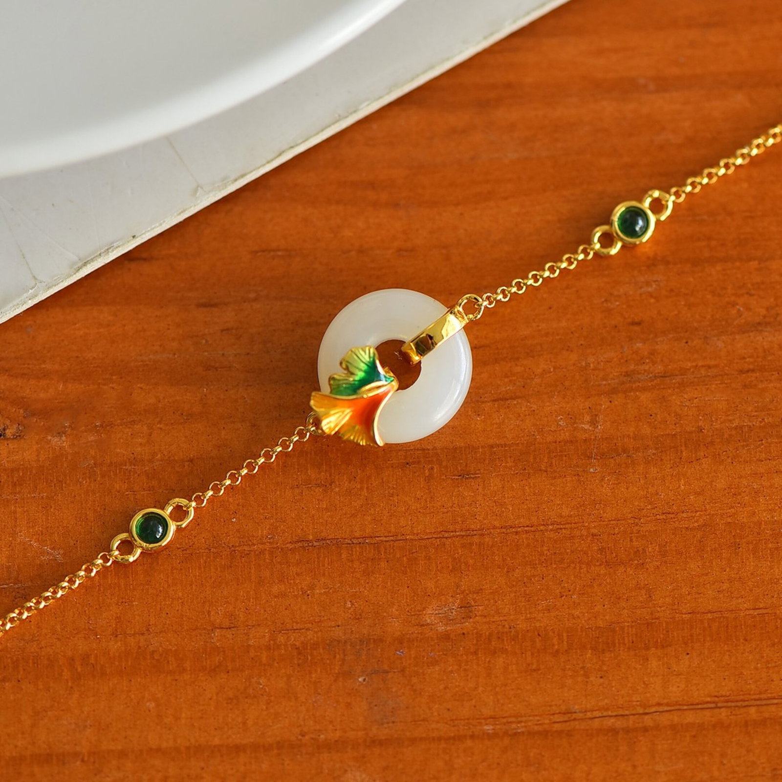 An Exquisite Sterling Silver-Gold Plated Inlaid White Jade Bracelet - 2