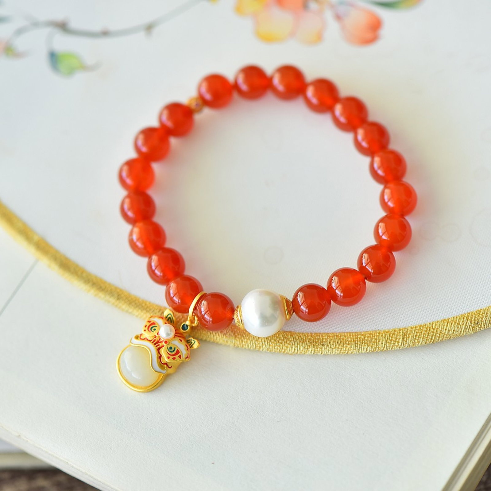 An Exquisite Sterling Silver-Gold Plated Inlaid Agate Bracelet,Inlaid White Jade and Pearl - 4