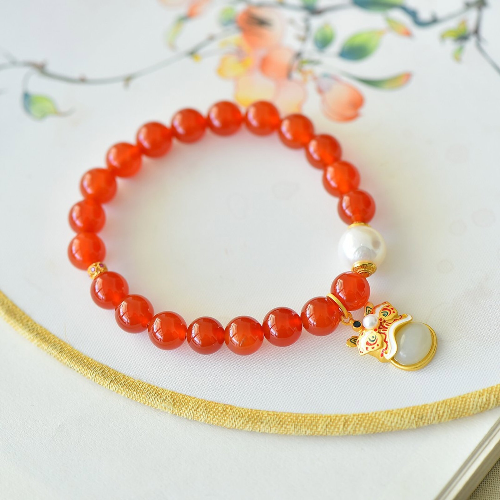 An Exquisite Sterling Silver-Gold Plated Inlaid Agate Bracelet,Inlaid White Jade and Pearl - 5