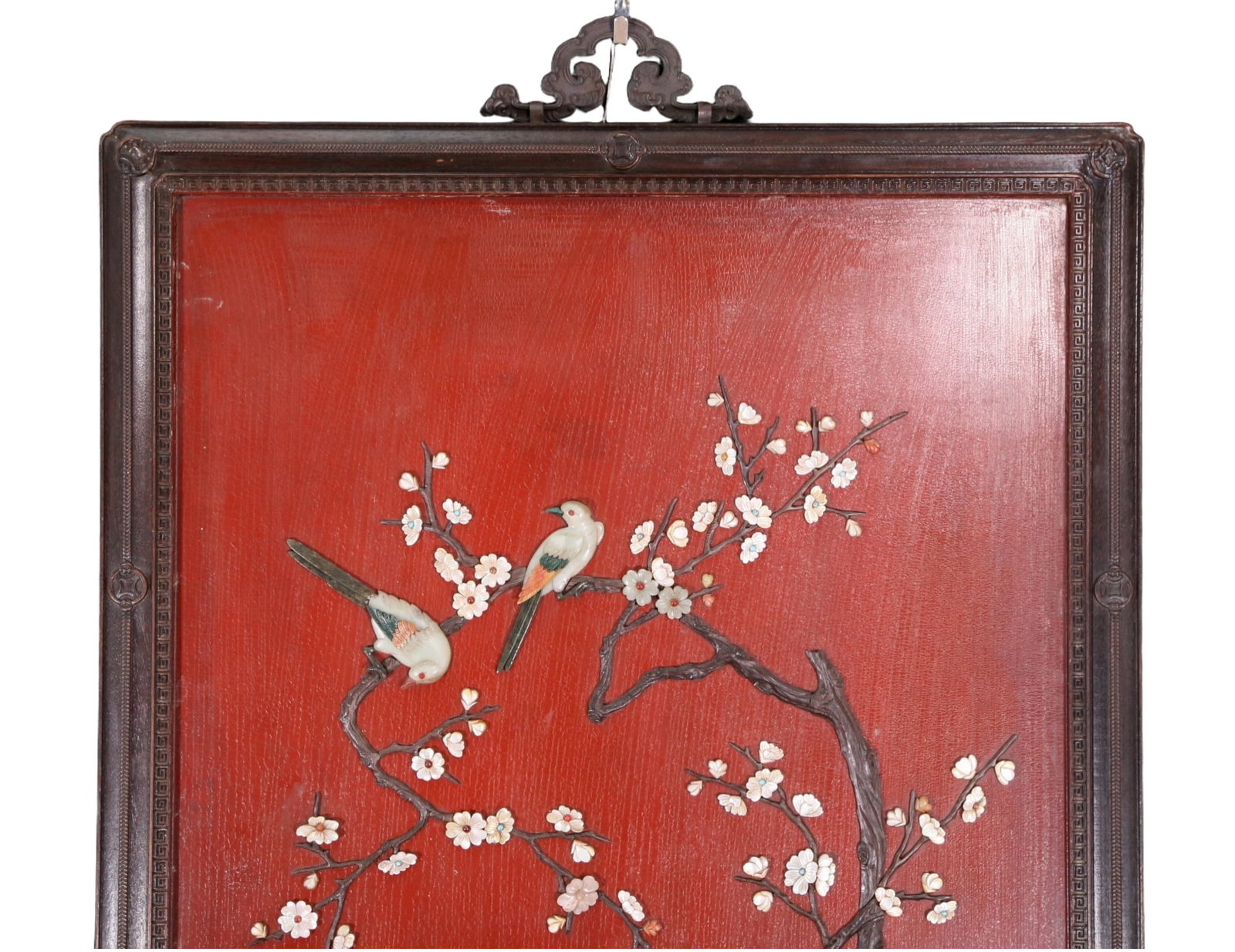 An exquisite zitanwood wood lacquer-embedded hanging screen with landscape, flower and bird patte... - 2