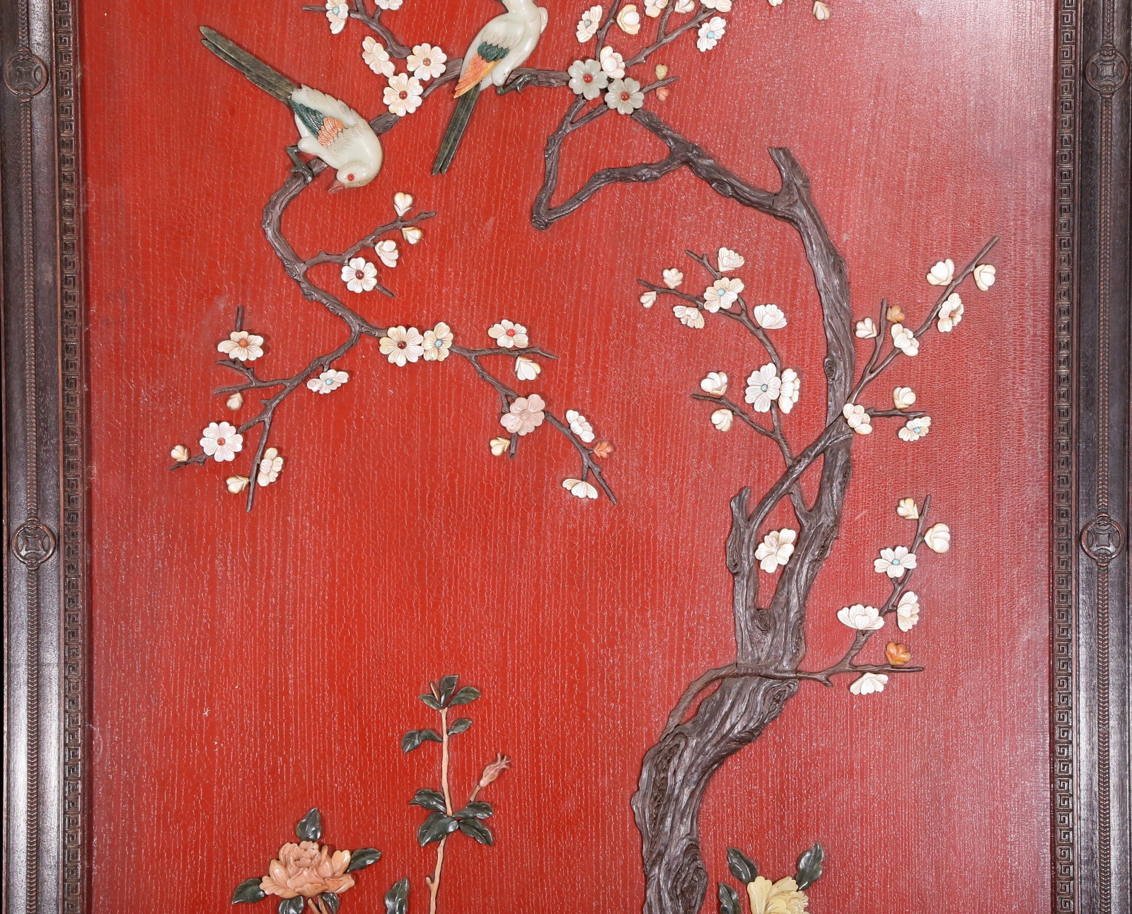 An exquisite zitanwood wood lacquer-embedded hanging screen with landscape, flower and bird patte... - 3