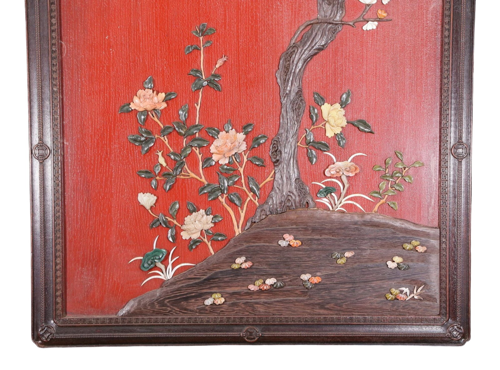 An exquisite zitanwood wood lacquer-embedded hanging screen with landscape, flower and bird patte... - 4