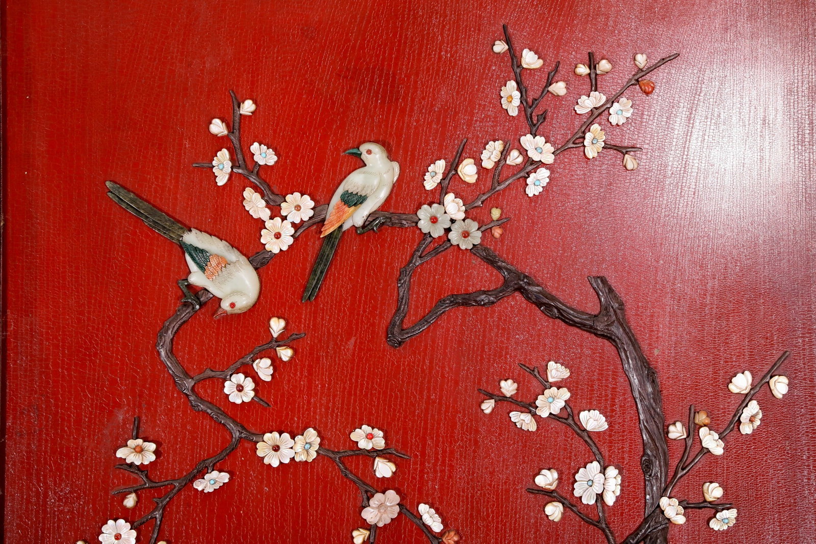 An exquisite zitanwood wood lacquer-embedded hanging screen with landscape, flower and bird patte... - 5