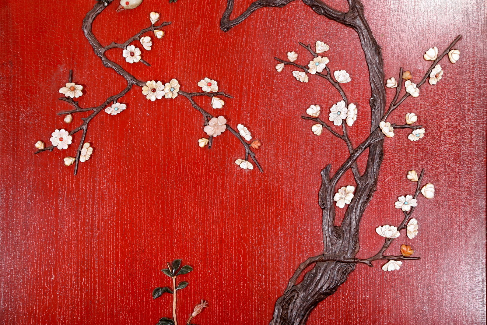 An exquisite zitanwood wood lacquer-embedded hanging screen with landscape, flower and bird patte... - 6