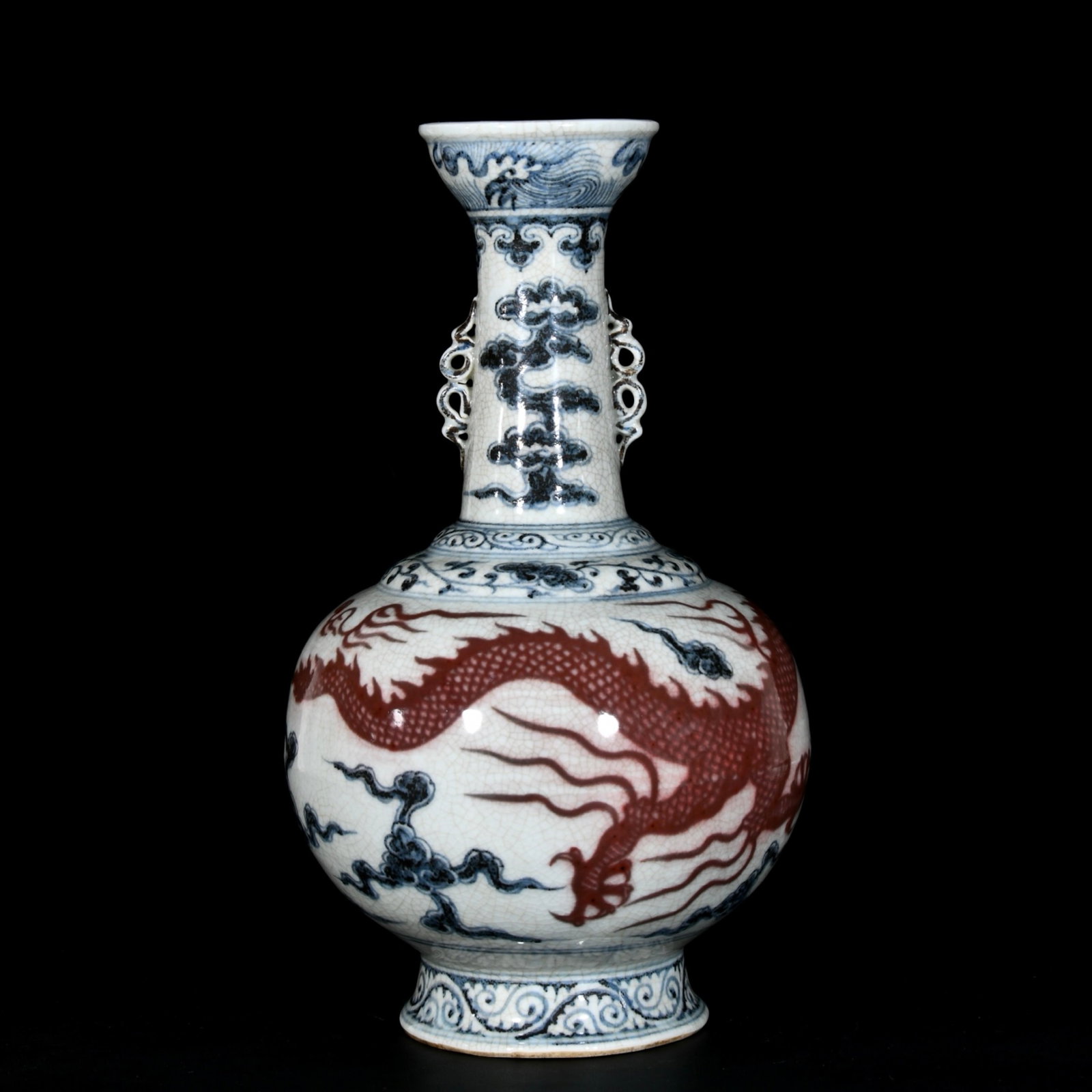 A Pair of Rare Blue and White Underglaze-Red Auspicious Cloud and Dragon Pattern Vases,With Poem - 7