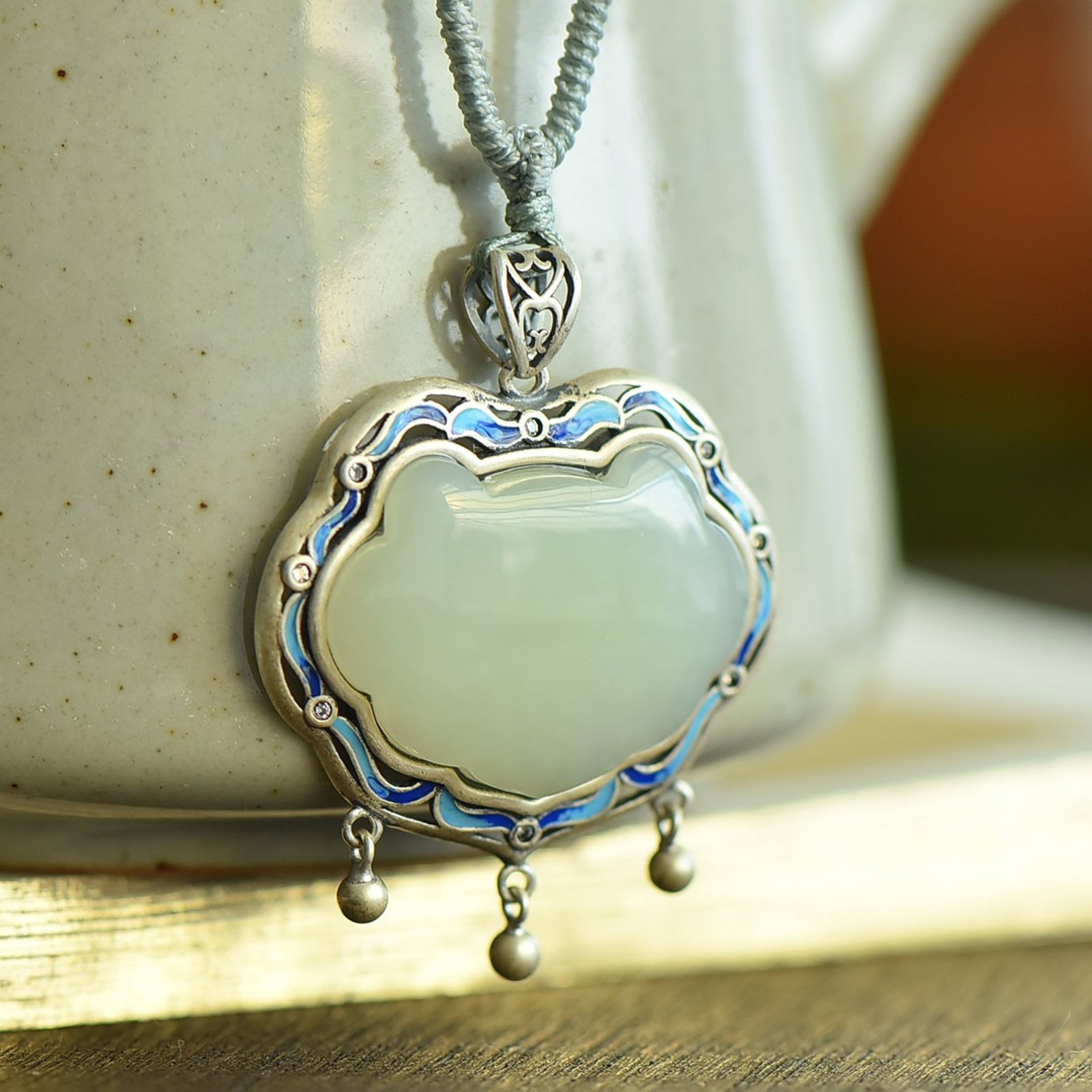An Exquisite Sterling Silver-Gold Plated Inlaid White Jade Enamel Pendant - 4