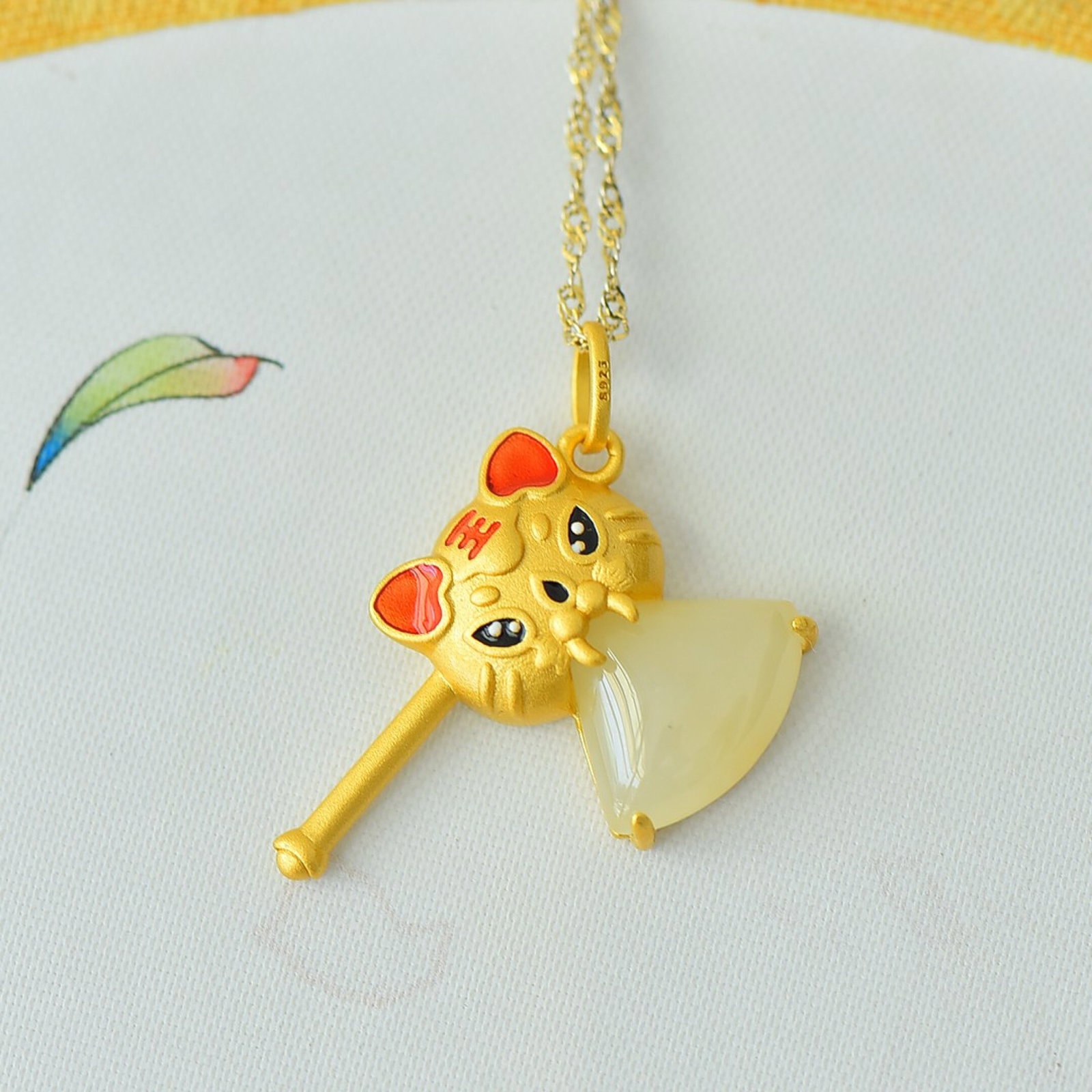 An Exquisite Sterling Silver-Gold Plated Inlaid White Jade Enamel Pendant - 2