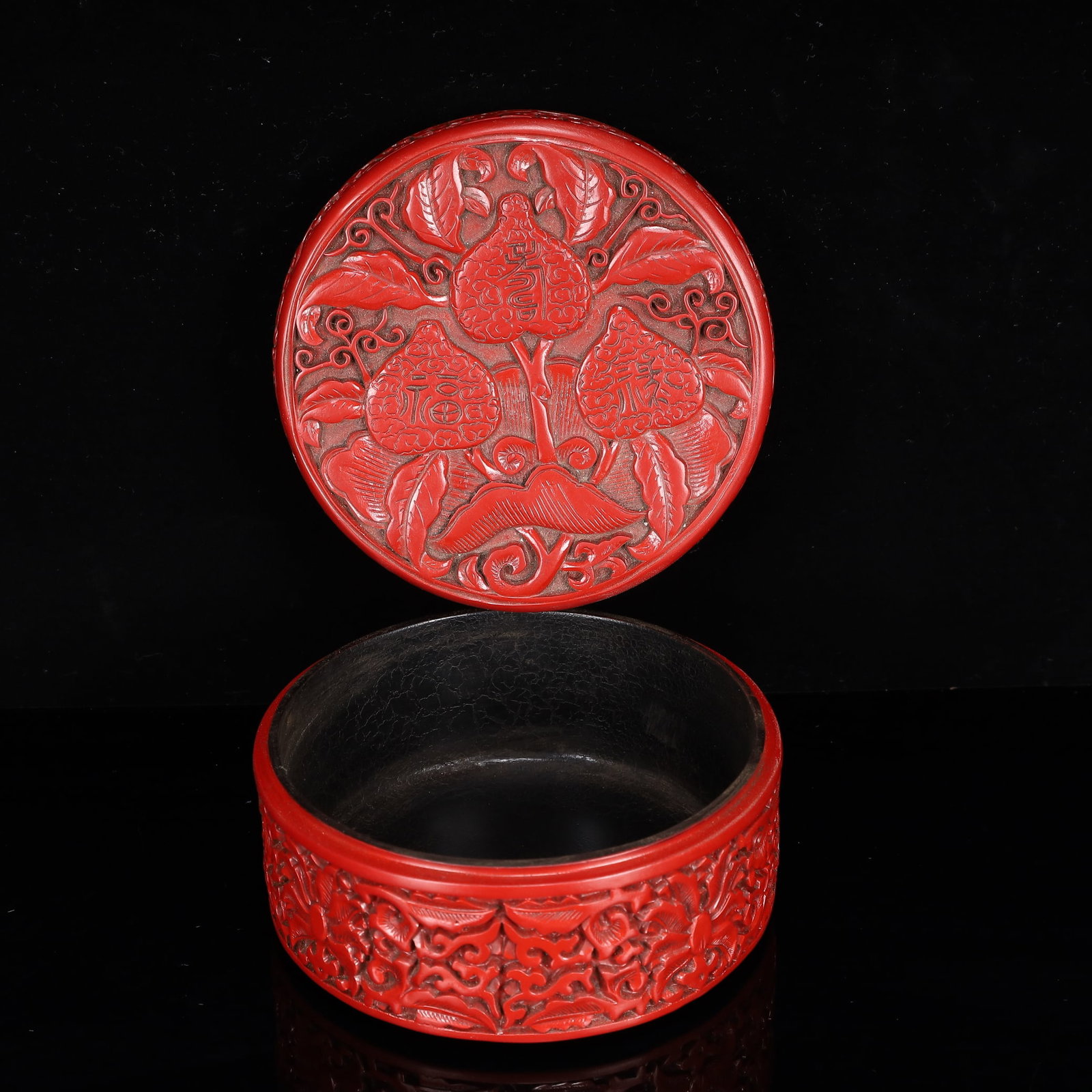 An Exquisite Carved Red Lacquer Flower and Peach Pattern Box with Cover - 6