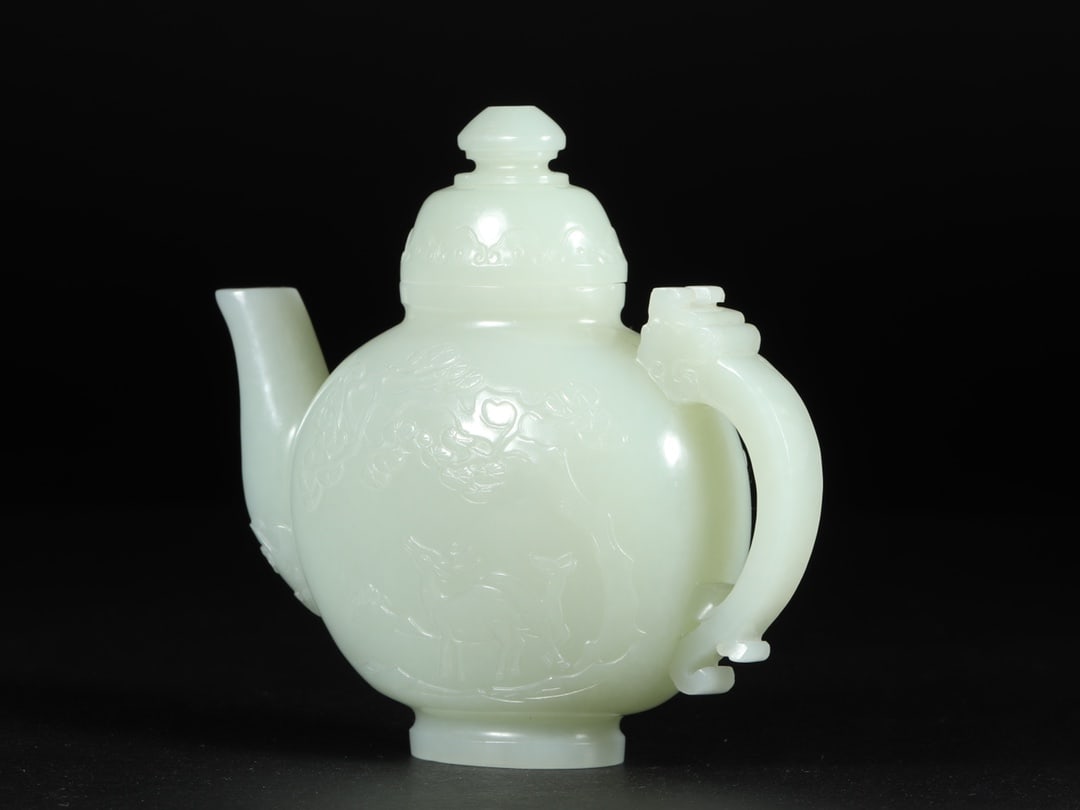 An Exquisite White Jade Pine and Crane Pattern Ewer - 3