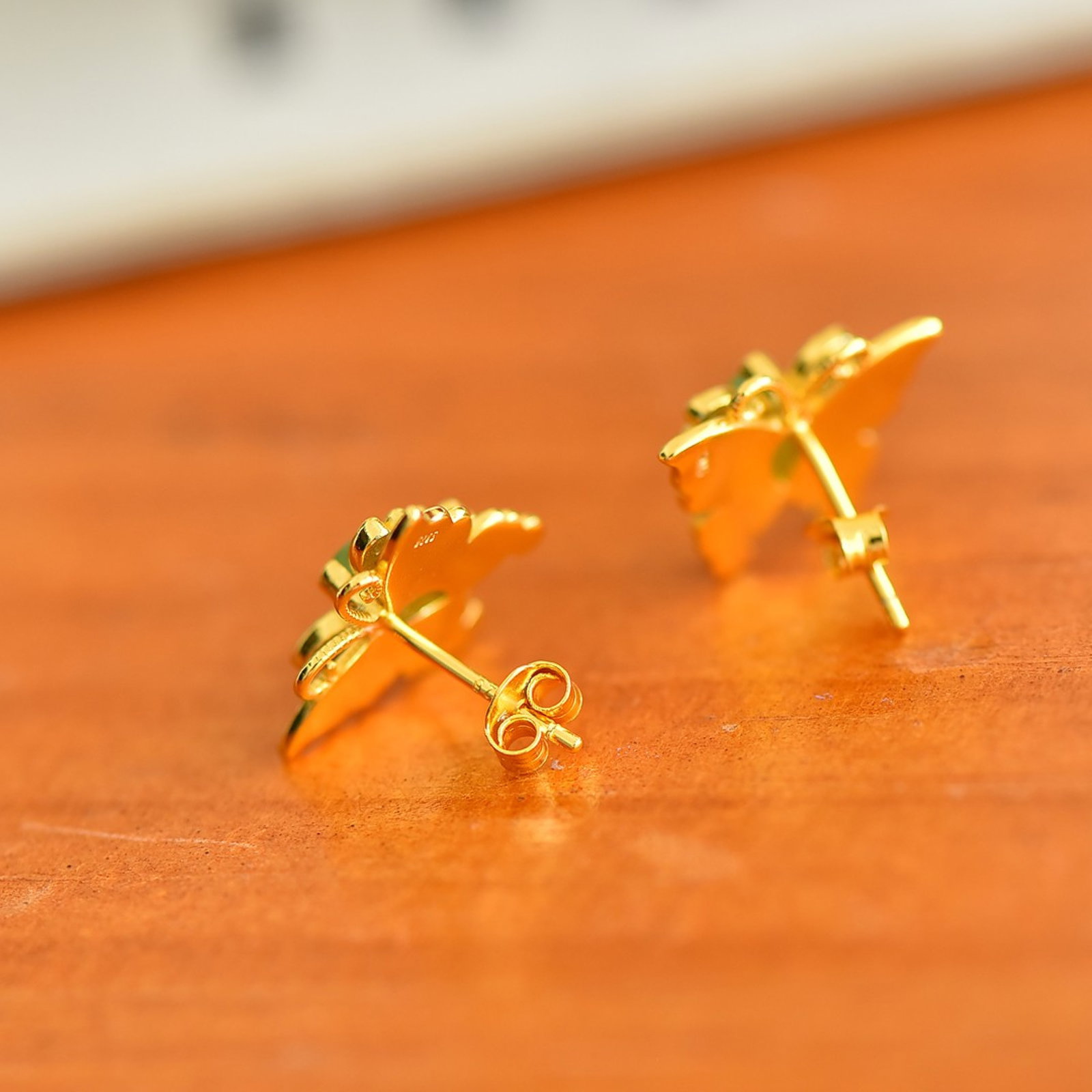 A Pair of Exquisite Sterling Silver-Gold Plated Inlaid Jasper Earrings,Inlaid Diamond - 2