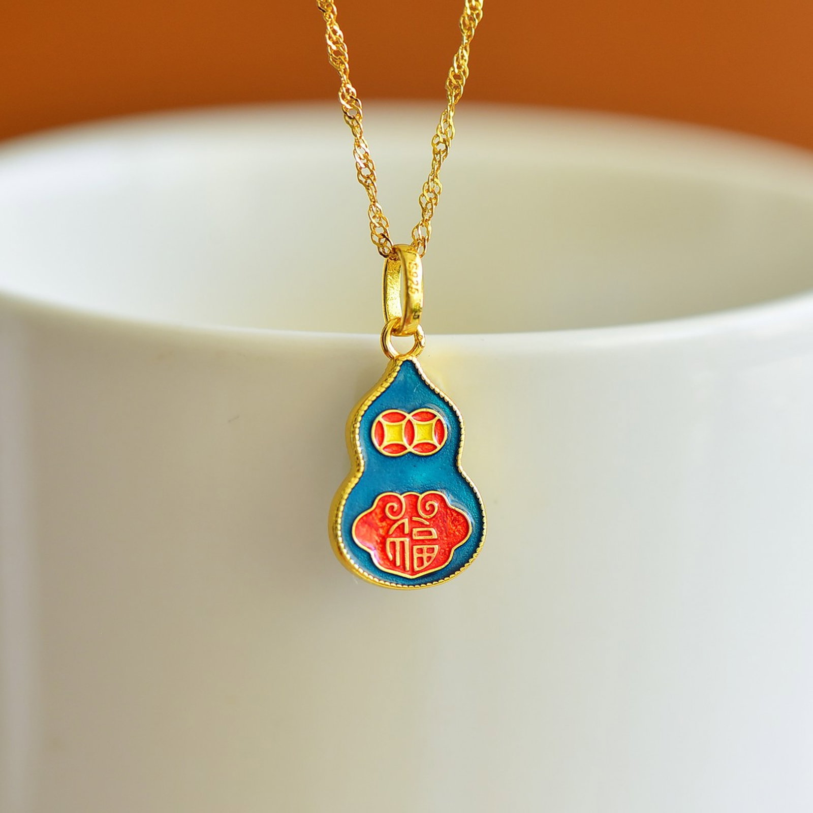 An Exquisite Sterling Silver-Gold Plated Inlaid Jasper Gourd Pendant - 3