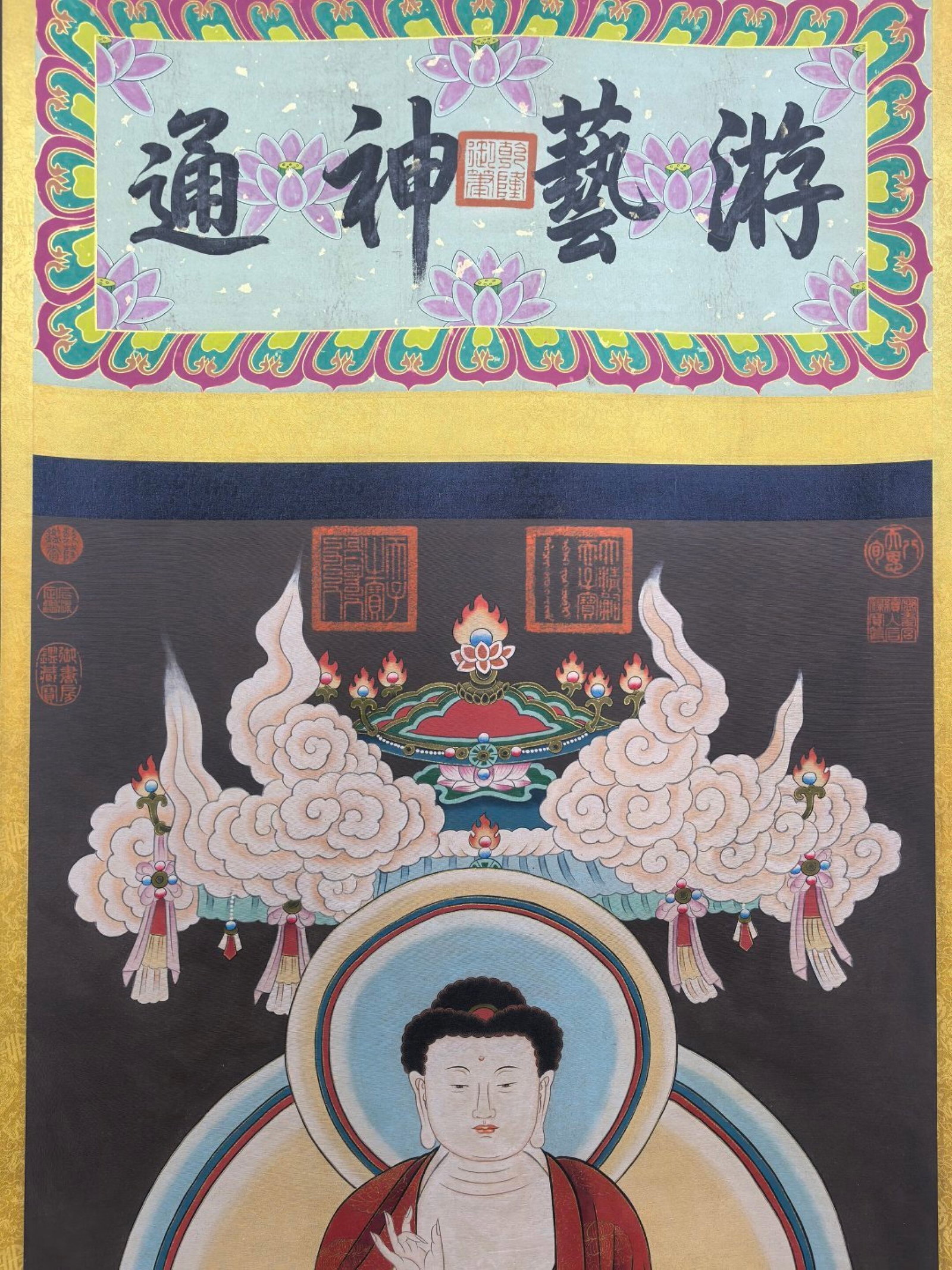 A Chinese Vertical Scroll Ink Painting of Buddha Statue on Silk,With A Chinese Vertical Scroll In... - 4