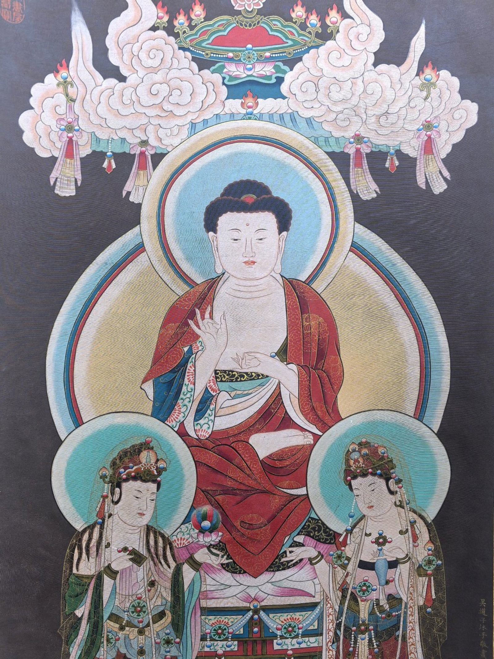 A Chinese Vertical Scroll Ink Painting of Buddha Statue on Silk,With A Chinese Vertical Scroll In... - 5