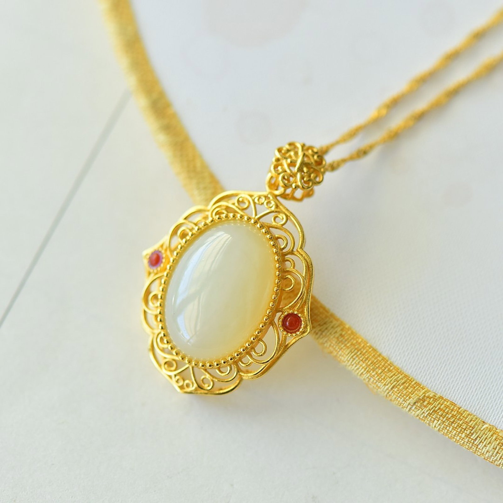An Exquisite Sterling Silver-Gold Plated Inlaid White Jade Pendant - 2