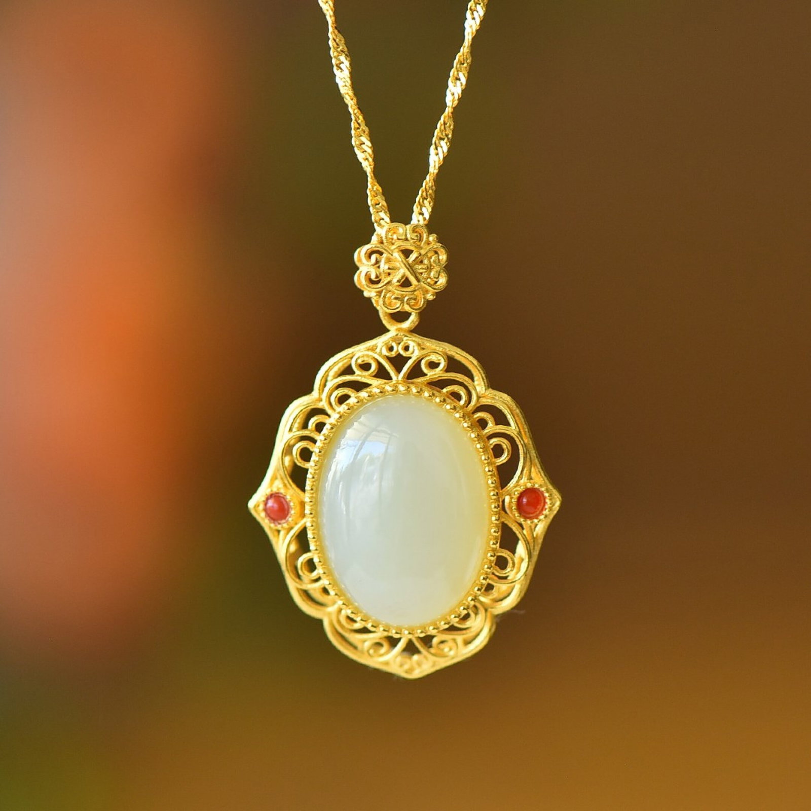 An Exquisite Sterling Silver-Gold Plated Inlaid White Jade Pendant - 4