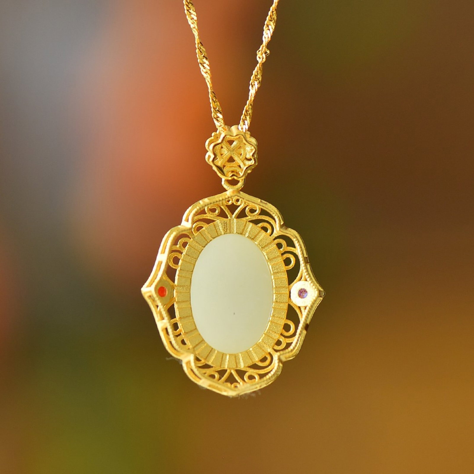 An Exquisite Sterling Silver-Gold Plated Inlaid White Jade Pendant - 5