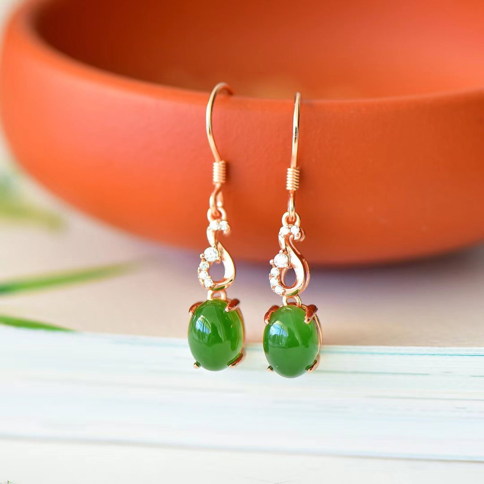 A Pair of Exquisite Sterling Silver-Gold Plated Inlaid Jasper Earrings,Inlaid Diamond - 3