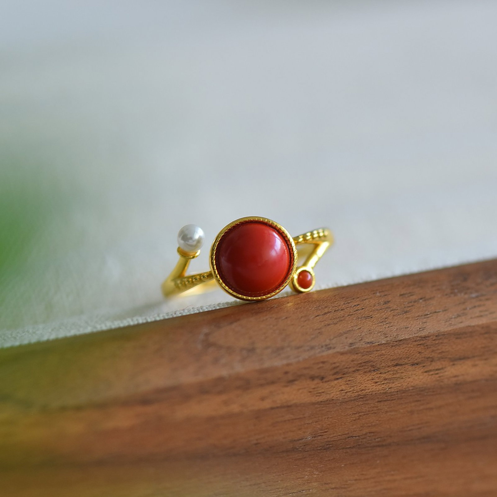 An Exquisite Sterling Silver-Gold Plated Inlaid Cinnabar Ring - 3